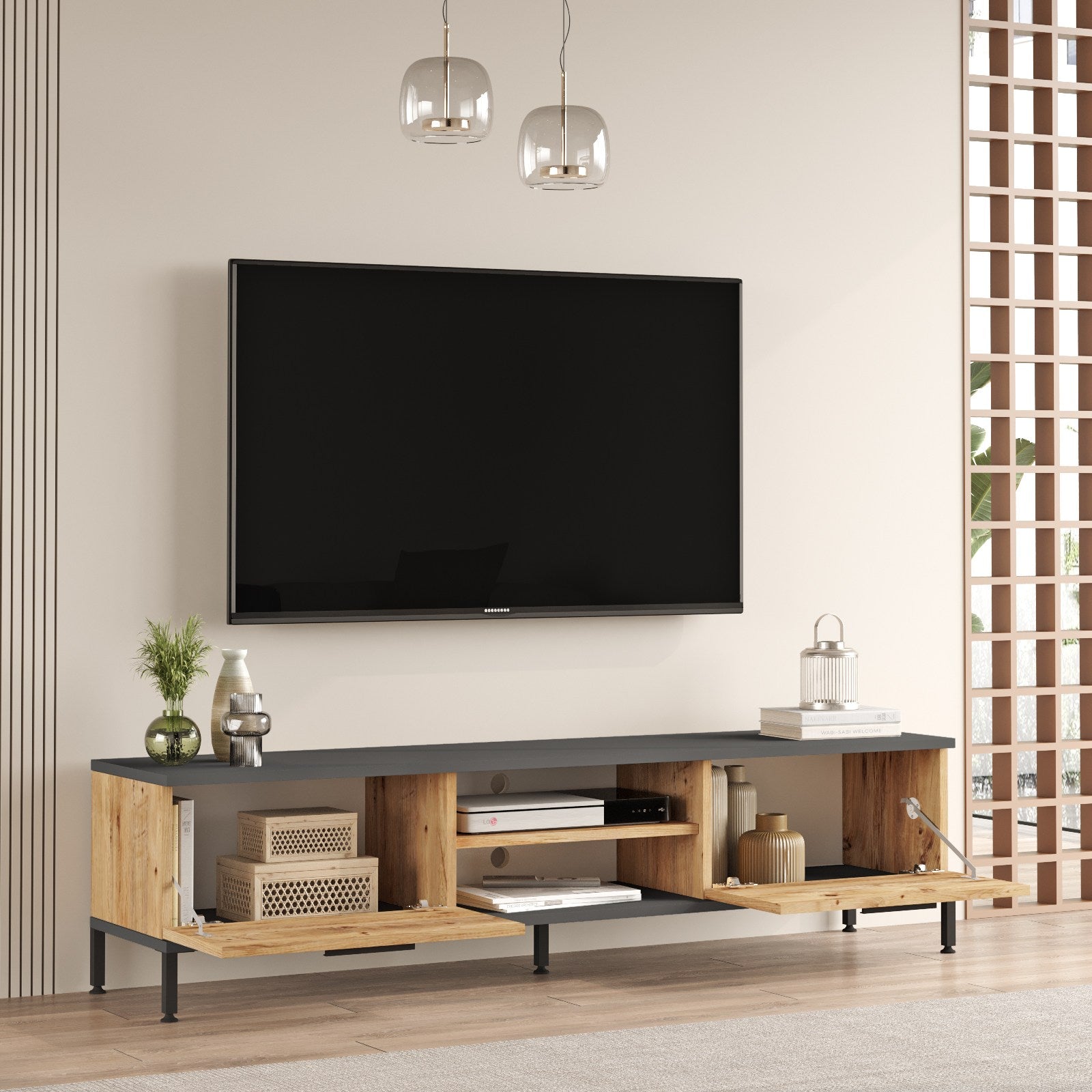 Móvel de TV elegante, pinho atlântico e antracite, 160 x 39,1 x 35 cm | Painel de partículas 100% revestido em melamina, 18 mm de espessura | Design moderno para sala de estar