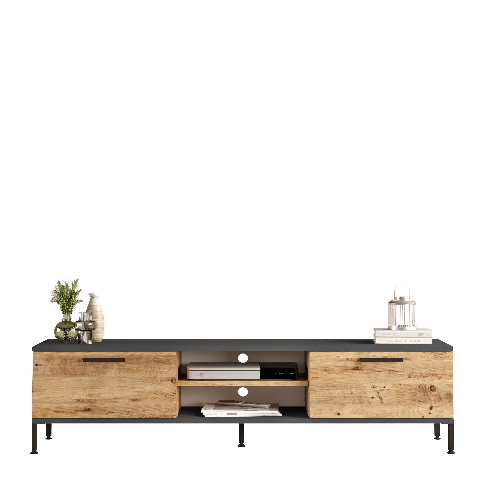 Móvel de TV elegante, pinho atlântico e antracite, 160 x 39,1 x 35 cm | Painel de partículas 100% revestido em melamina, 18 mm de espessura | Design moderno para sala de estar