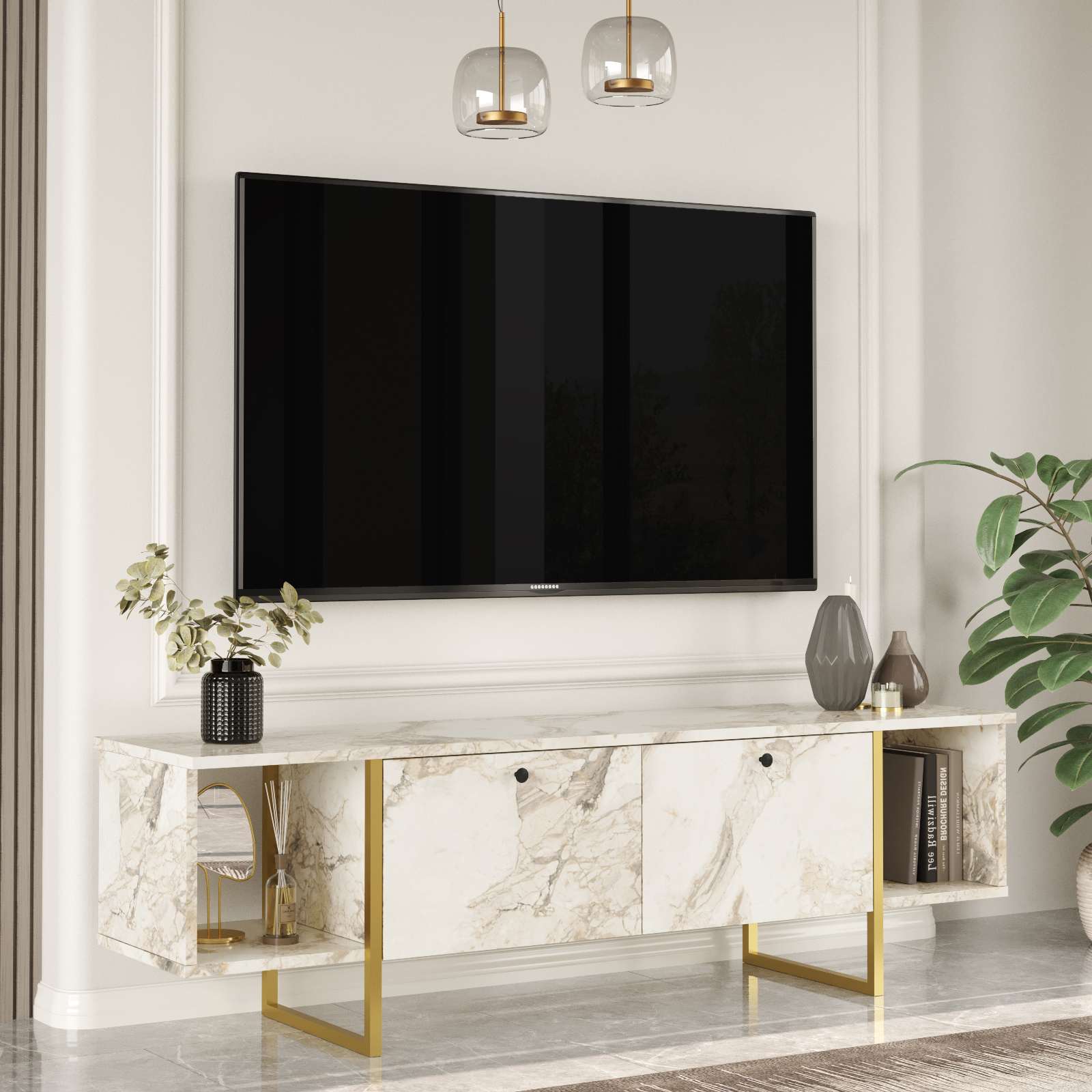 Mesa de TV Branca e Dourada com Pernas Metálicas - 160cm de Largura, Design Moderno em Melamina