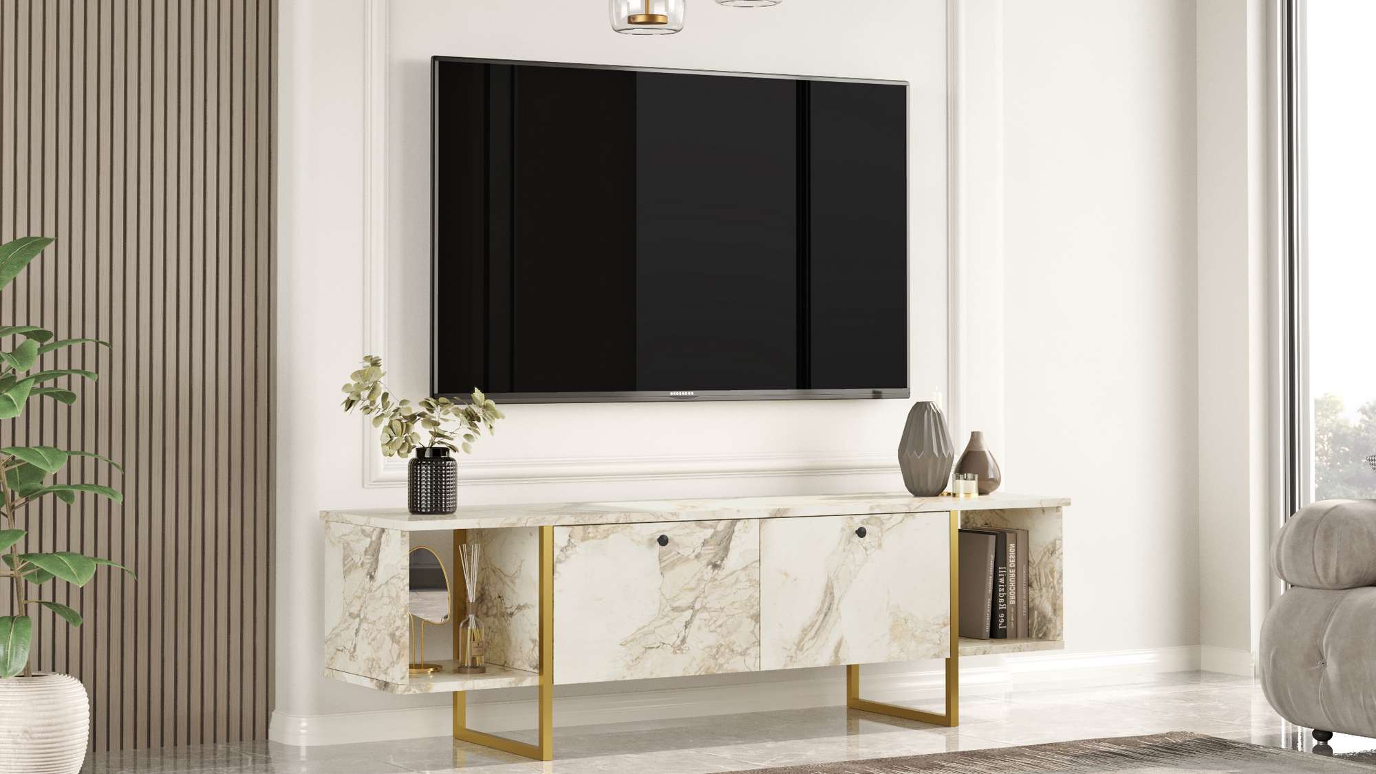 Mesa de TV Branca e Dourada com Pernas Metálicas - 160cm de Largura, Design Moderno em Melamina