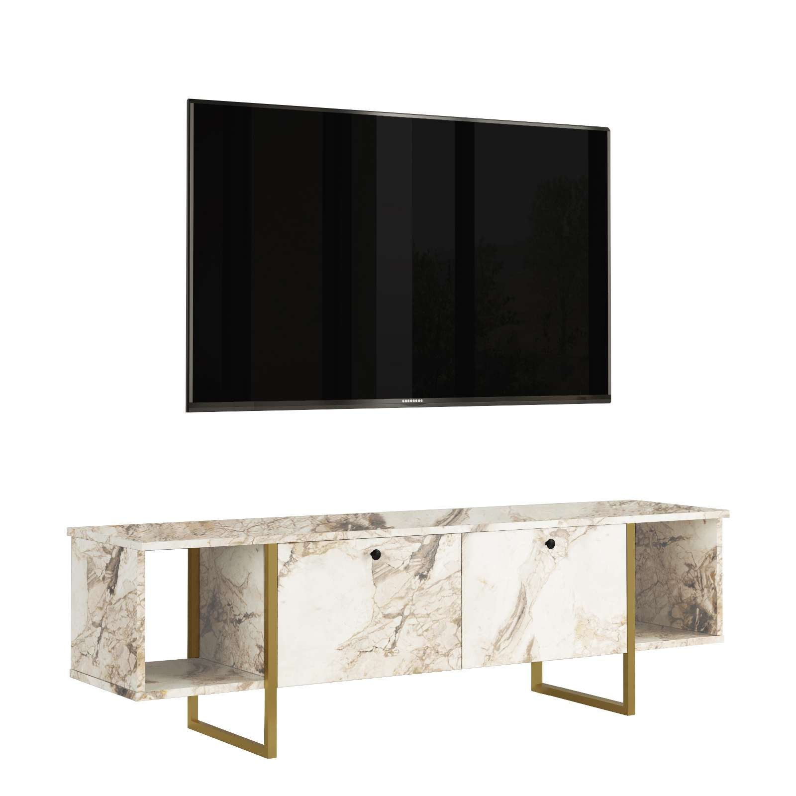 Mesa de TV Branca e Dourada com Pernas Metálicas - 160cm de Largura, Design Moderno em Melamina