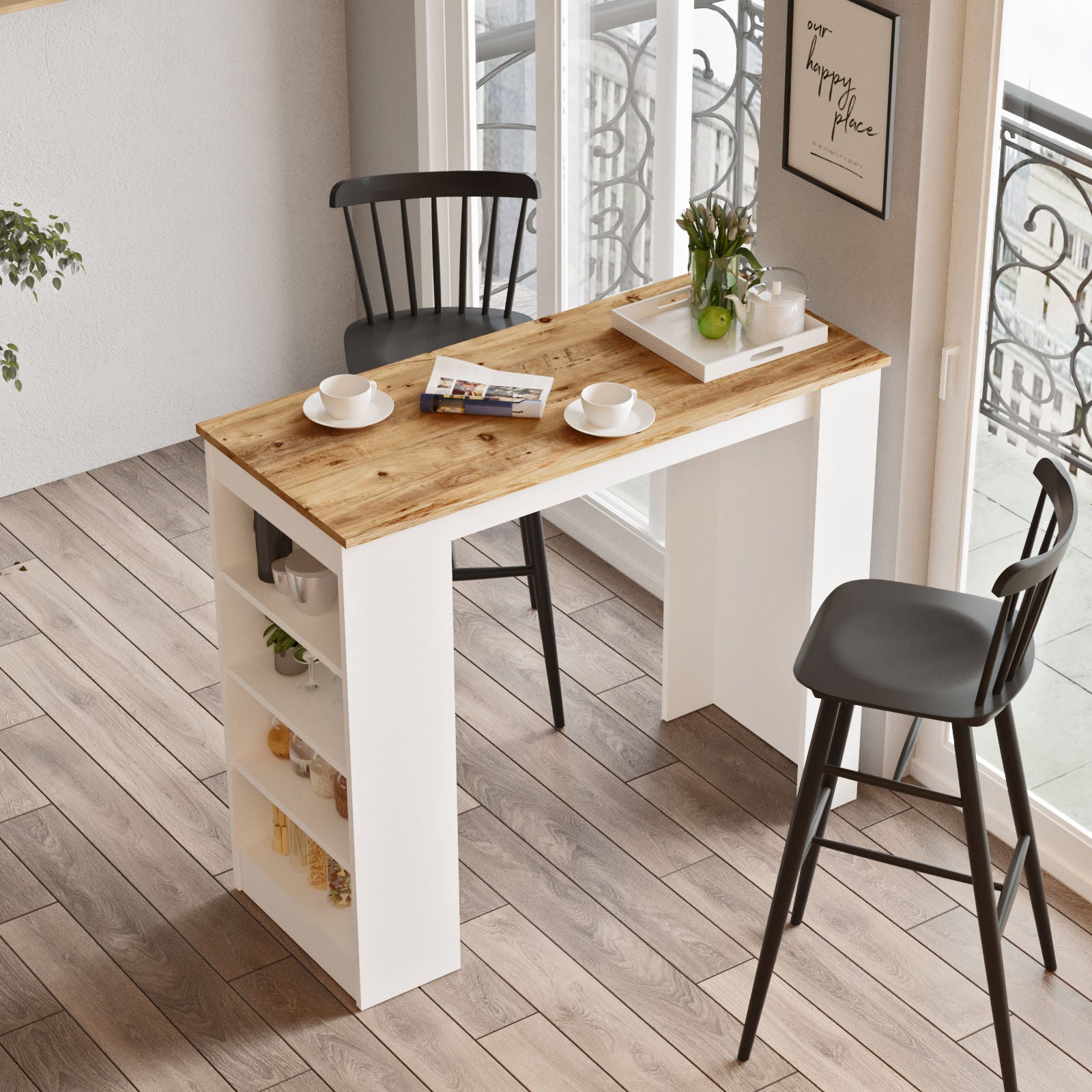Mesa de bar moderna, pinho atlântico e branco, 120 x 51,6 x 101,8 cm | Painel de partículas 100% revestido de melamina, 18 mm de espessura | Elegante e funcional para bares em casa