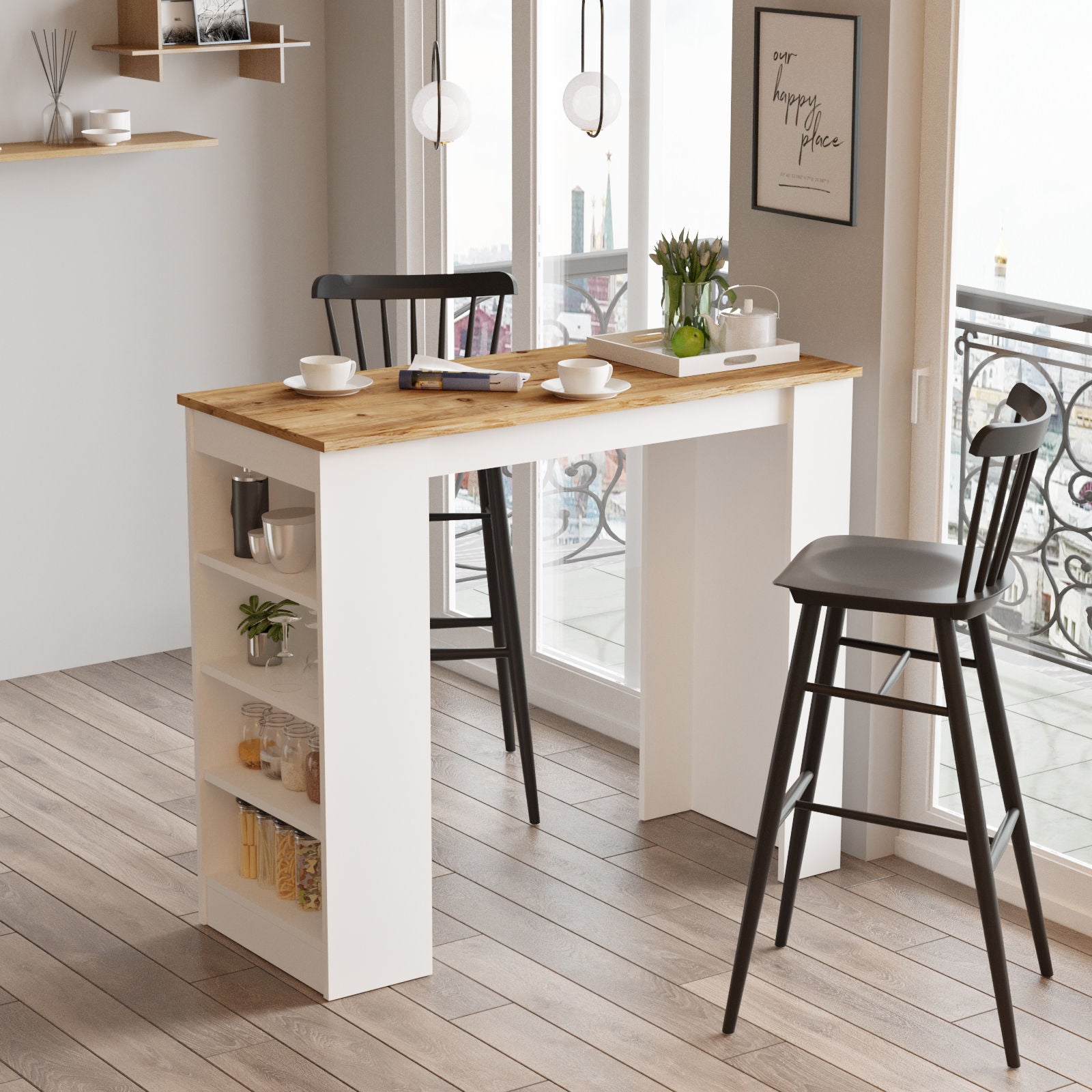 Mesa de bar moderna, pinho atlântico e branco, 120 x 51,6 x 101,8 cm | Painel de partículas 100% revestido de melamina, 18 mm de espessura | Elegante e funcional para bares em casa
