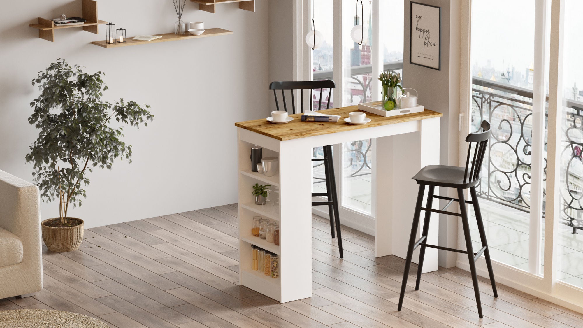 Mesa de bar moderna, pinho atlântico e branco, 120 x 51,6 x 101,8 cm | Painel de partículas 100% revestido de melamina, 18 mm de espessura | Elegante e funcional para bares em casa