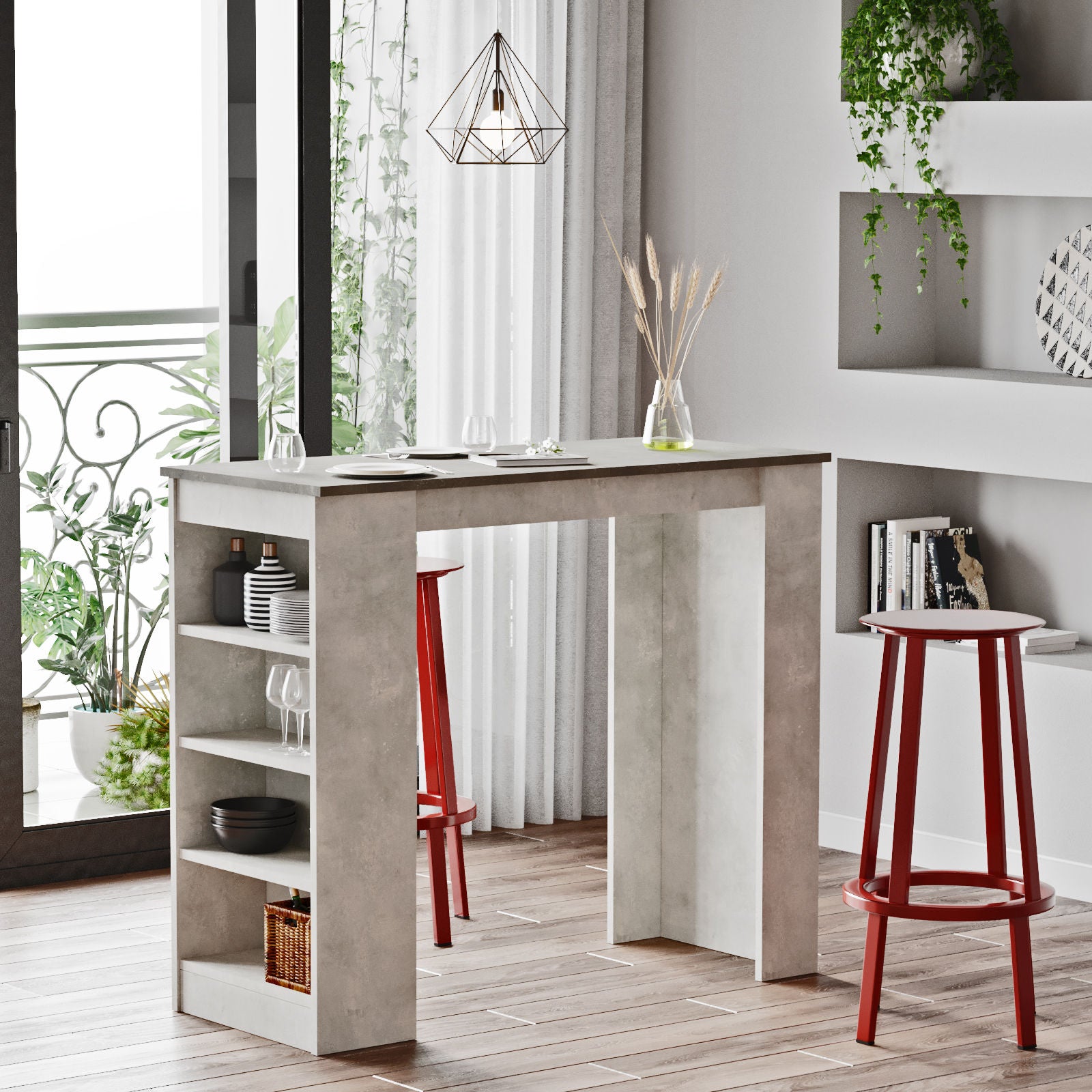 Mesa de bar cinza moderna, 120 x 101,8 x 51,6 cm | Painel de partículas 100% revestido de melamina, 18 mm de espessura | Elegante e funcional para bares e reuniões em casa