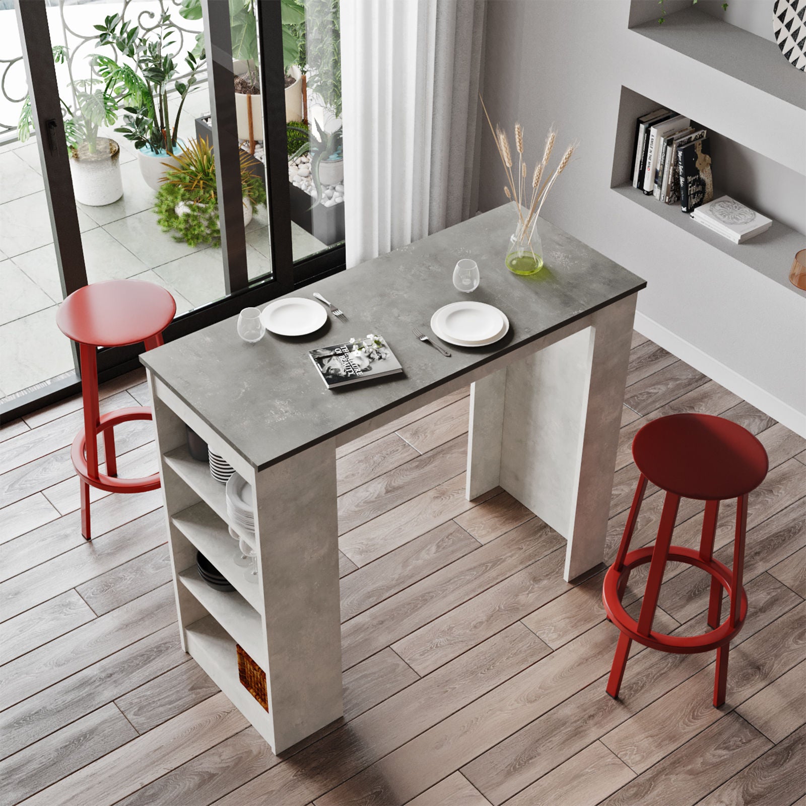 Mesa de bar cinza moderna, 120 x 101,8 x 51,6 cm | Painel de partículas 100% revestido de melamina, 18 mm de espessura | Elegante e funcional para bares e reuniões em casa