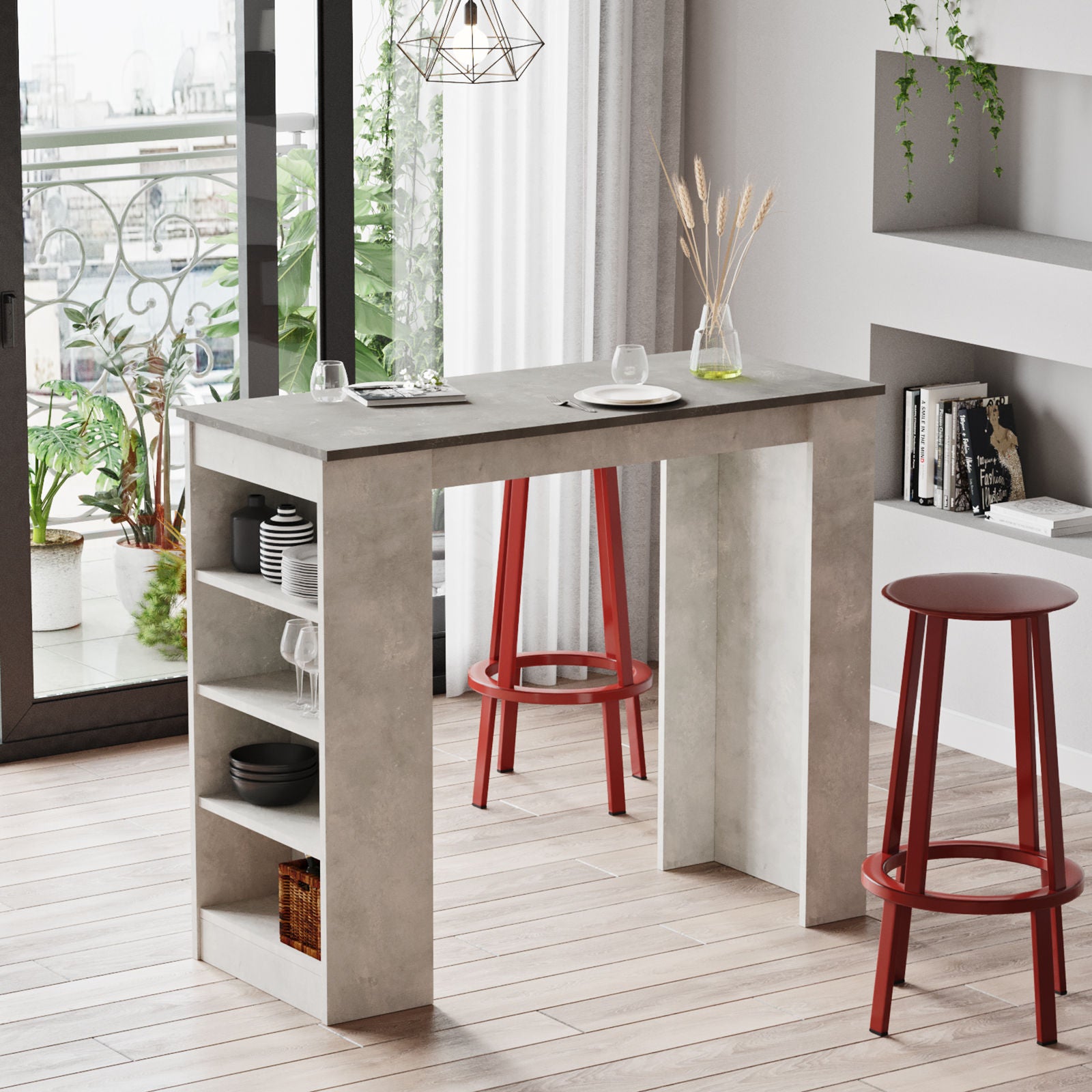 Mesa de bar cinza moderna, 120 x 101,8 x 51,6 cm | Painel de partículas 100% revestido de melamina, 18 mm de espessura | Elegante e funcional para bares e reuniões em casa