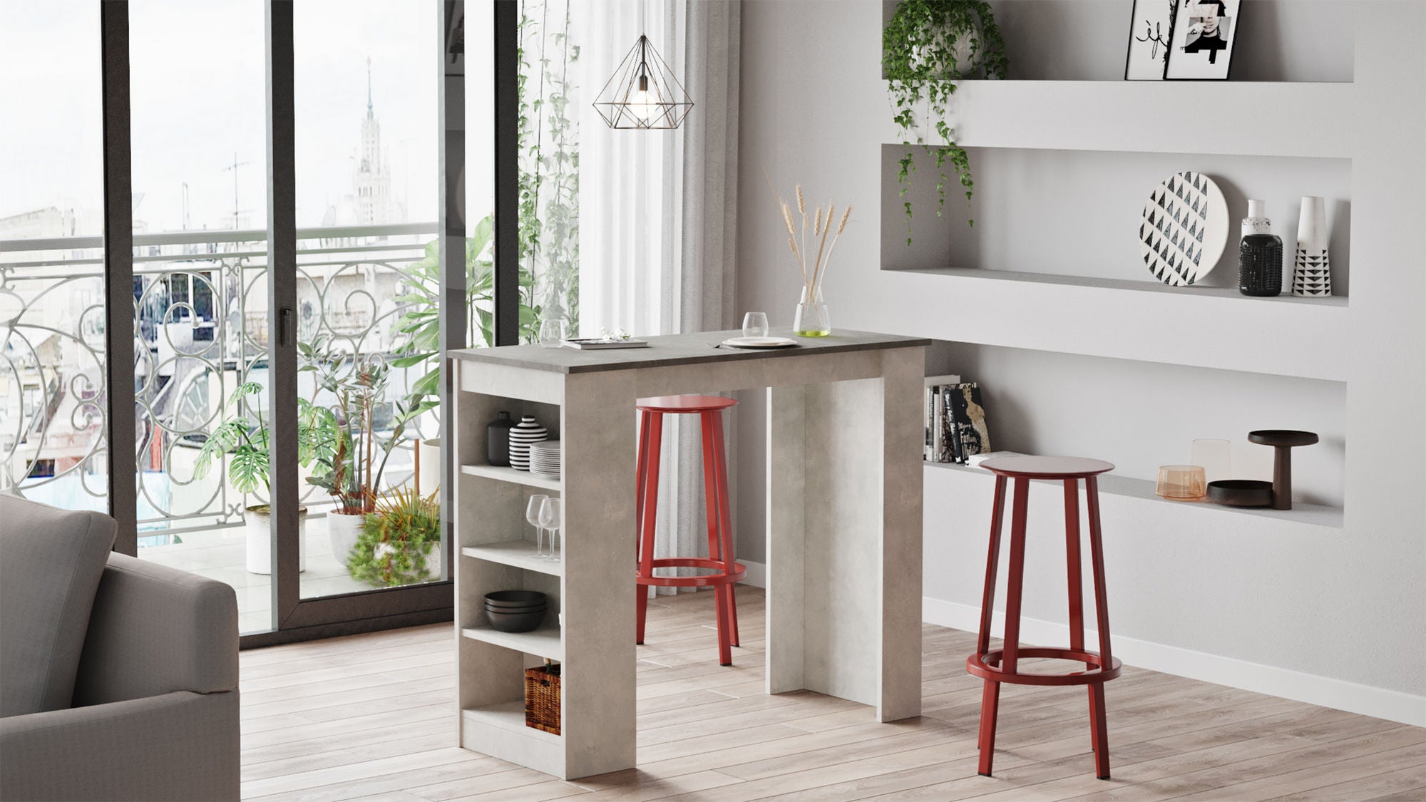 Mesa de bar cinza moderna, 120 x 101,8 x 51,6 cm | Painel de partículas 100% revestido de melamina, 18 mm de espessura | Elegante e funcional para bares e reuniões em casa