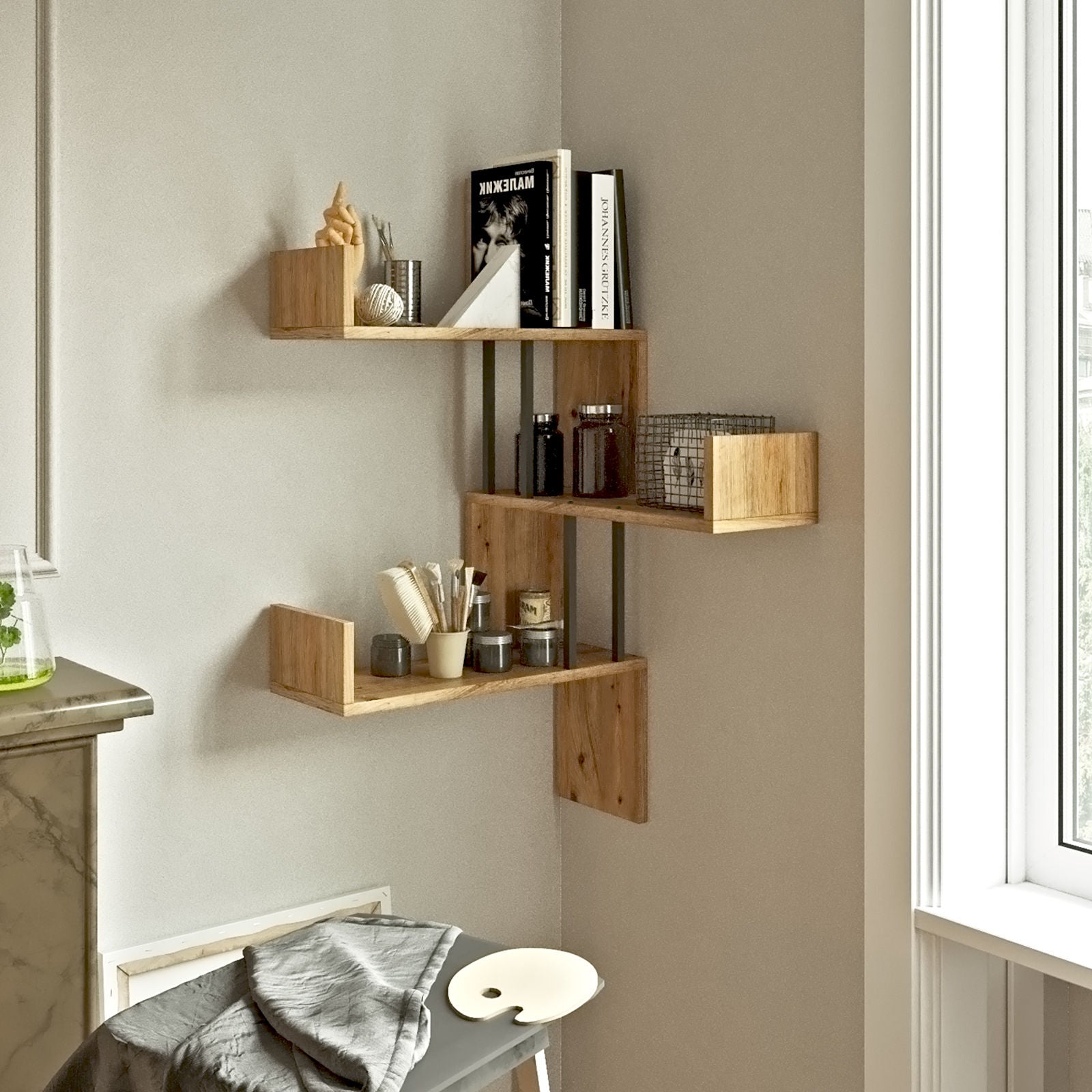 Prateleira de parede moderna, pinho atlântico, 60 x 109,4 x 60 cm | Painel de partículas 100% revestido de melamina, 18 mm de espessura | Design industrial elegante para casa e escritório