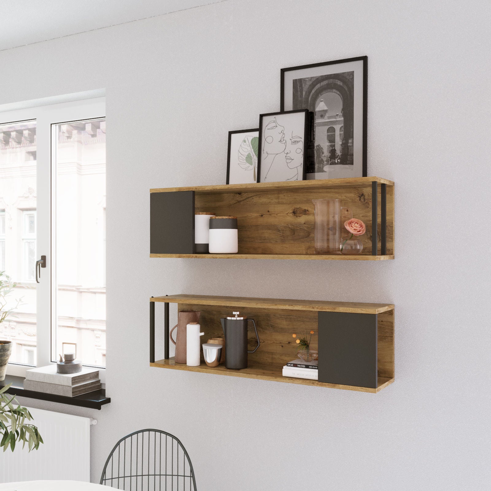 Prateleira de parede moderna (2 peças), pinho atlântico, 100 x 29,6 x 22 cm | Painel de partículas 100% revestido de melamina, 18 mm de espessura | Design industrial elegante para casa e escritório