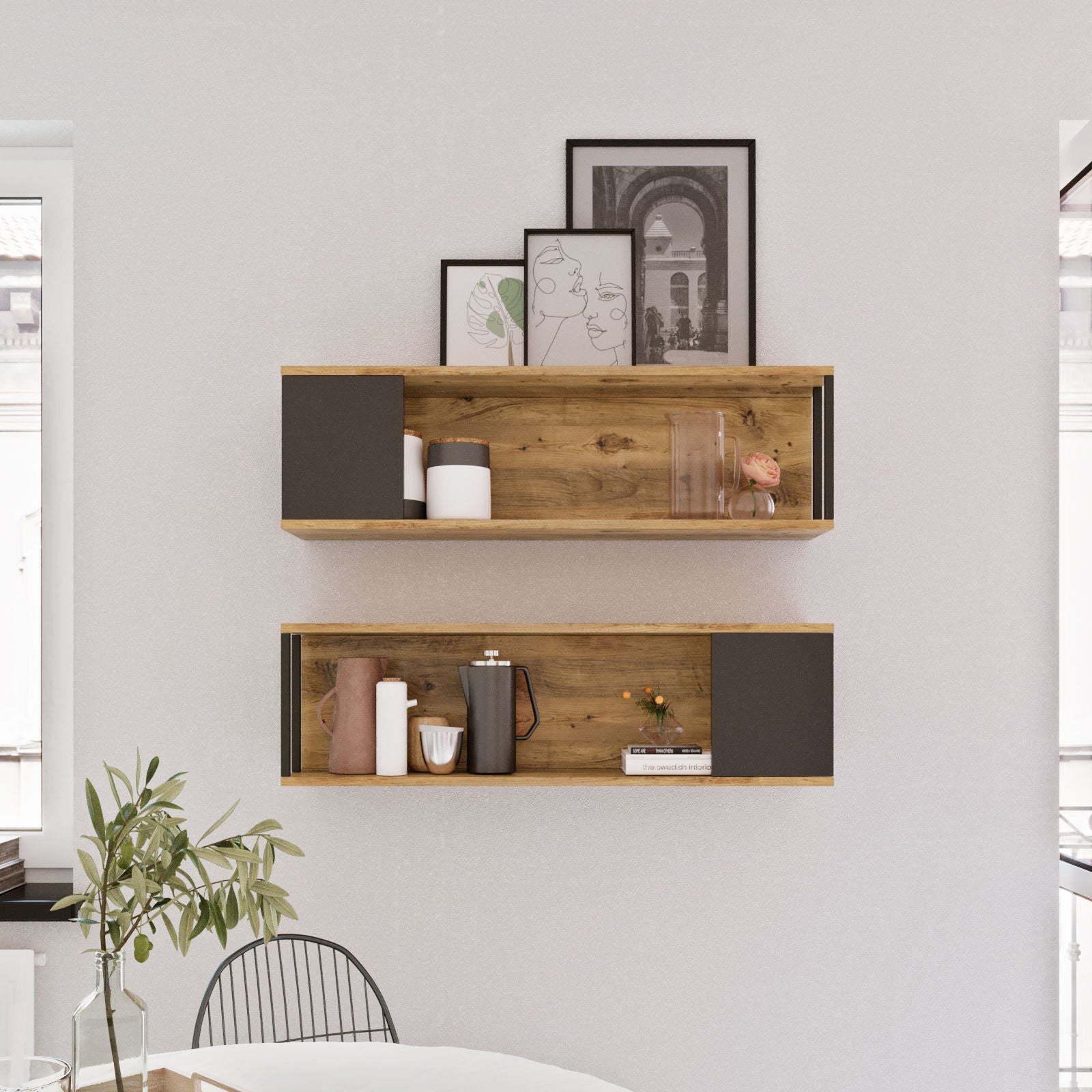 Prateleira de parede moderna (2 peças), pinho atlântico, 100 x 29,6 x 22 cm | Painel de partículas 100% revestido de melamina, 18 mm de espessura | Design industrial elegante para casa e escritório