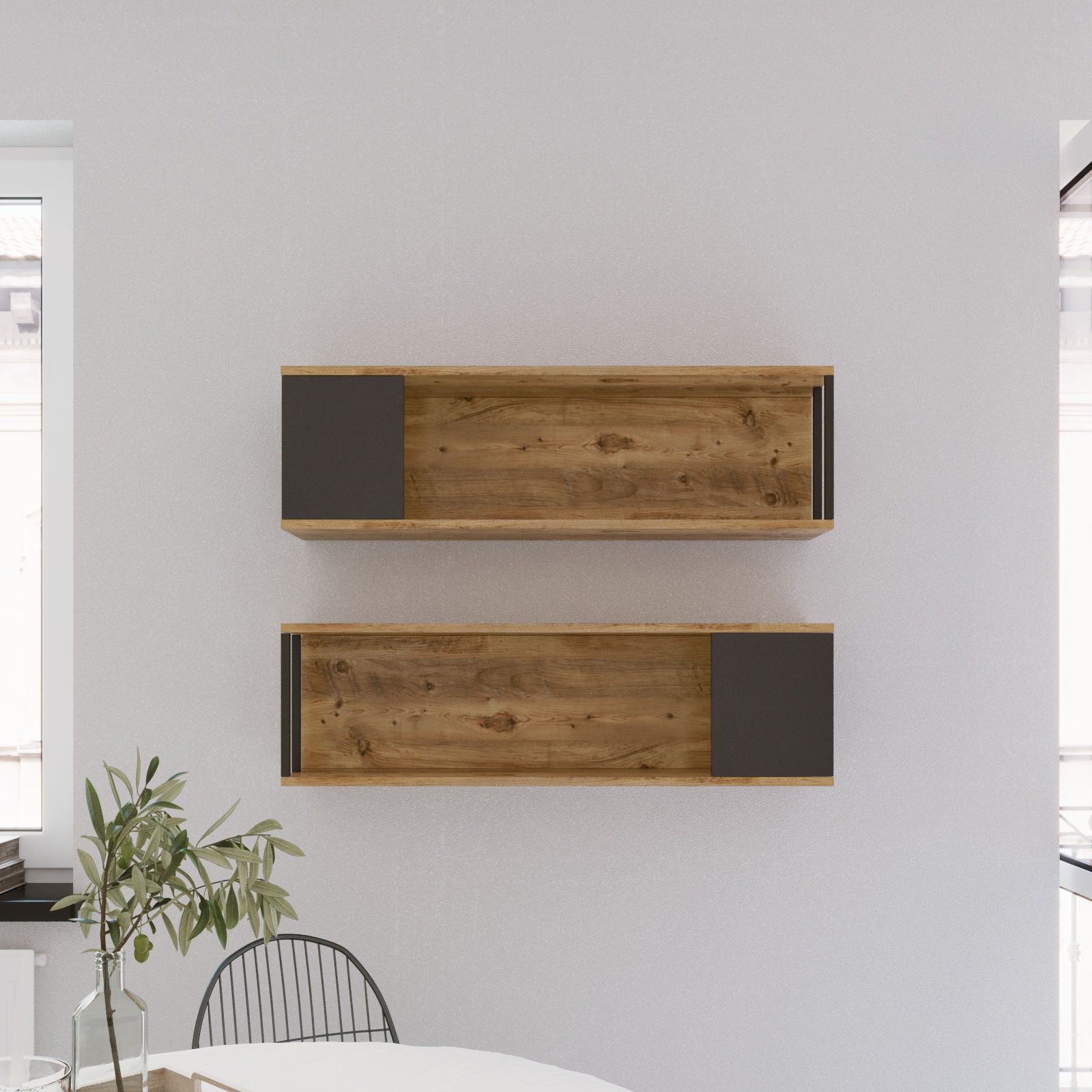 Prateleira de parede moderna (2 peças), pinho atlântico, 100 x 29,6 x 22 cm | Painel de partículas 100% revestido de melamina, 18 mm de espessura | Design industrial elegante para casa e escritório