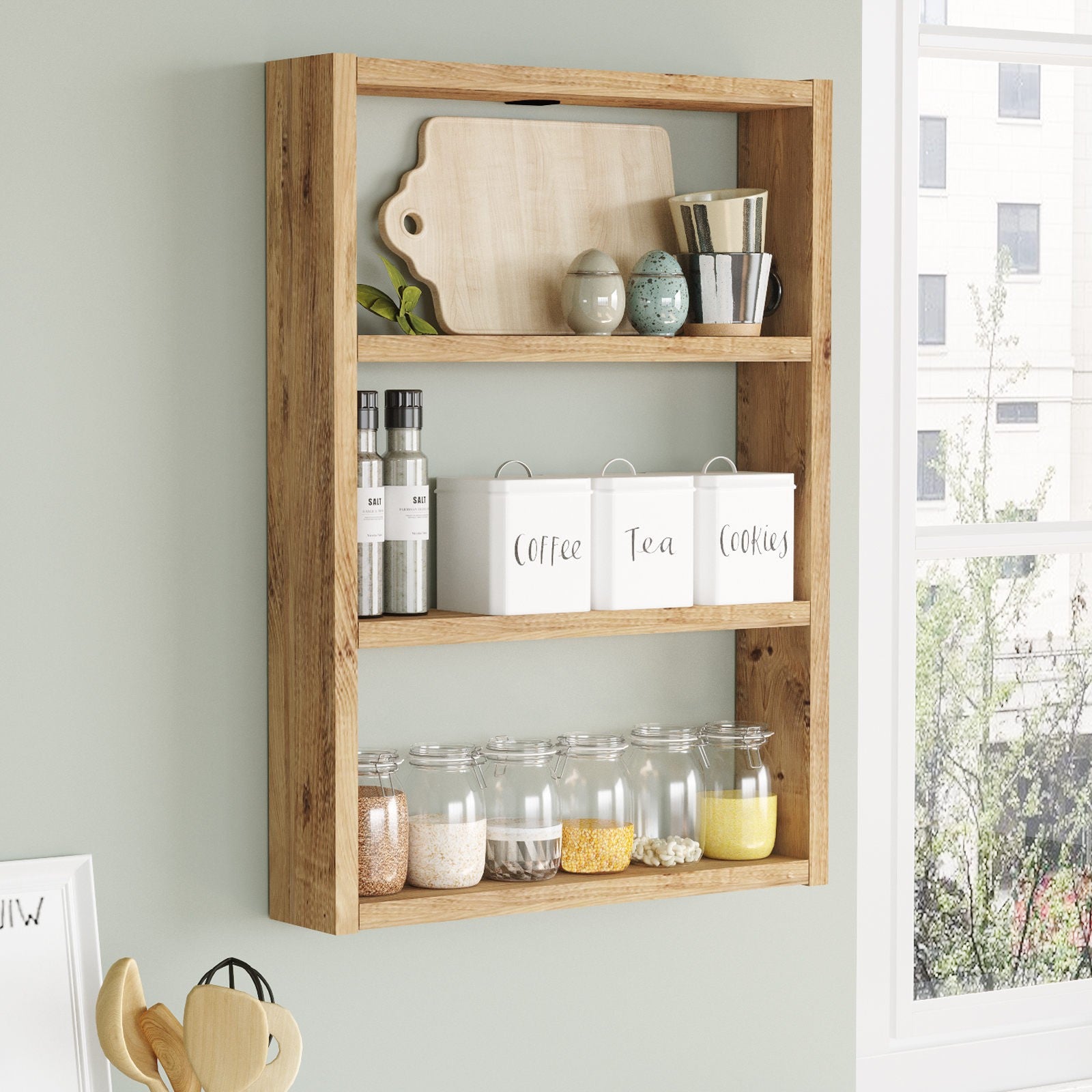 Prateleira de parede moderna, pinho atlântico, 43,2 x 60 x 9 cm | Painel de partículas 100% revestido com melamina, 18 mm de espessura | Elegante e funcional para decoração rústica e escandinava
