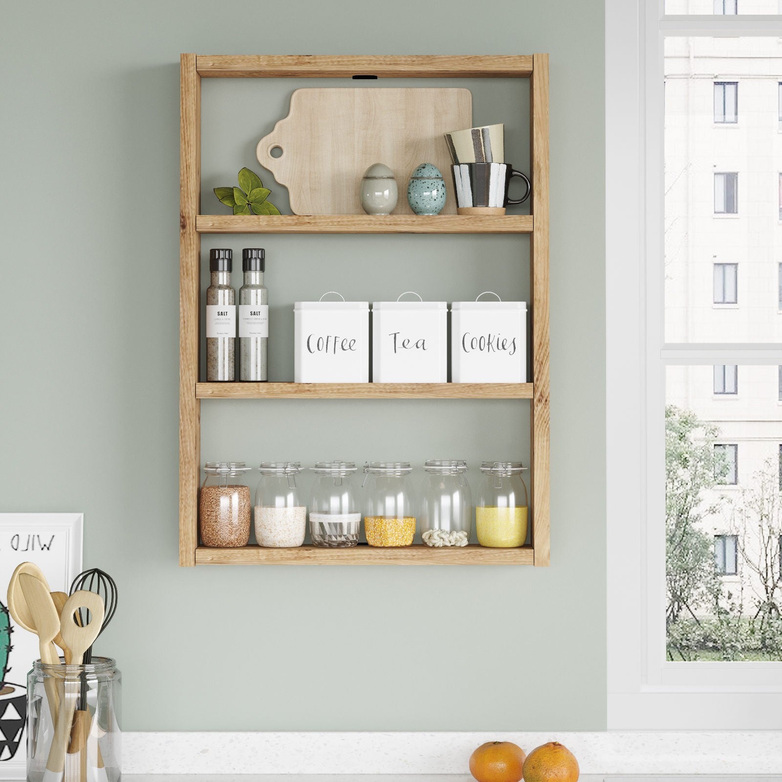 Prateleira de parede moderna, pinho atlântico, 43,2 x 60 x 9 cm | Painel de partículas 100% revestido com melamina, 18 mm de espessura | Elegante e funcional para decoração rústica e escandinava