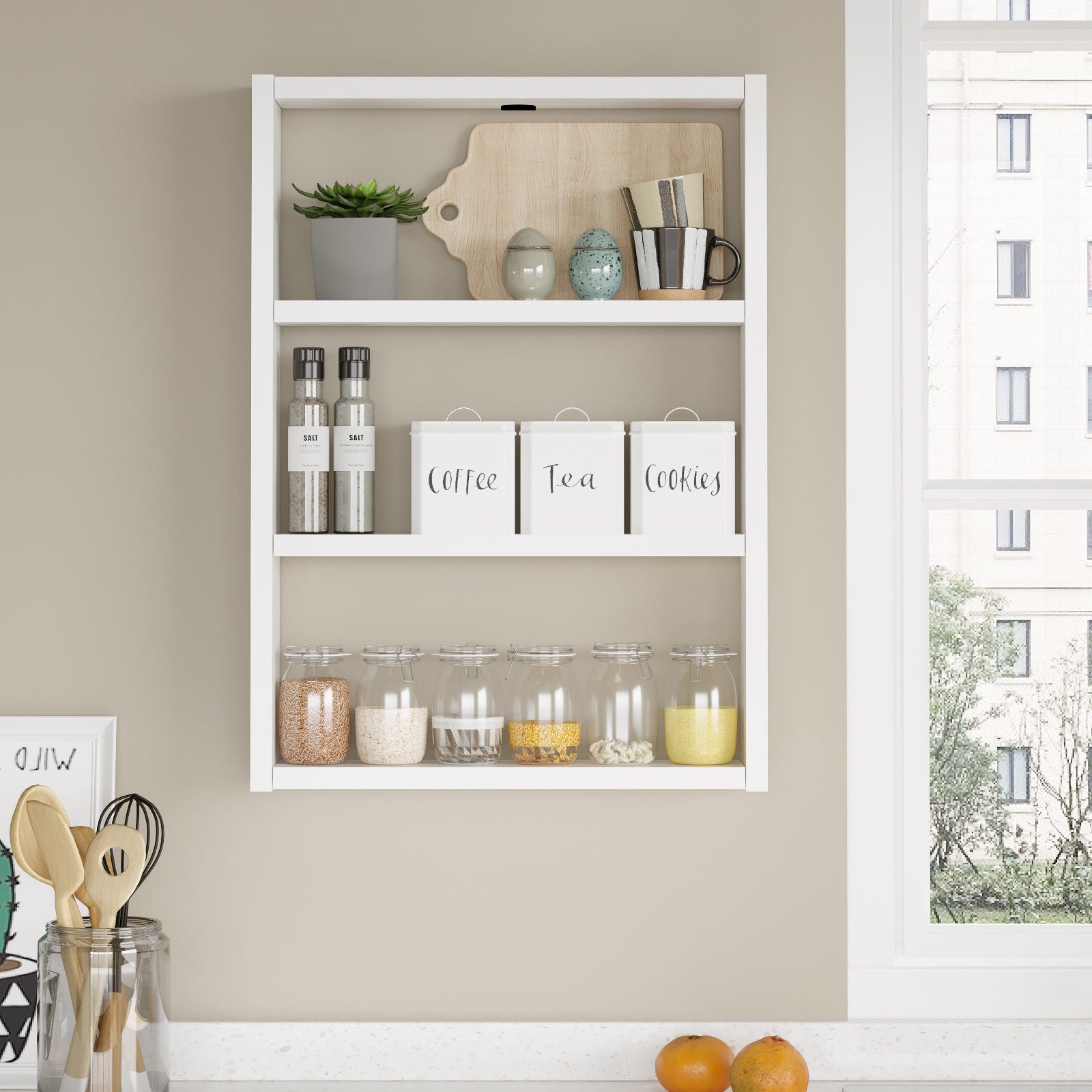 Prateleira de parede moderna, branca, 43,2 x 60 x 9 cm | Painel de partículas 100% revestido em melamina, 18 mm de espessura | Solução de armazenamento elegante e funcional para qualquer ambiente