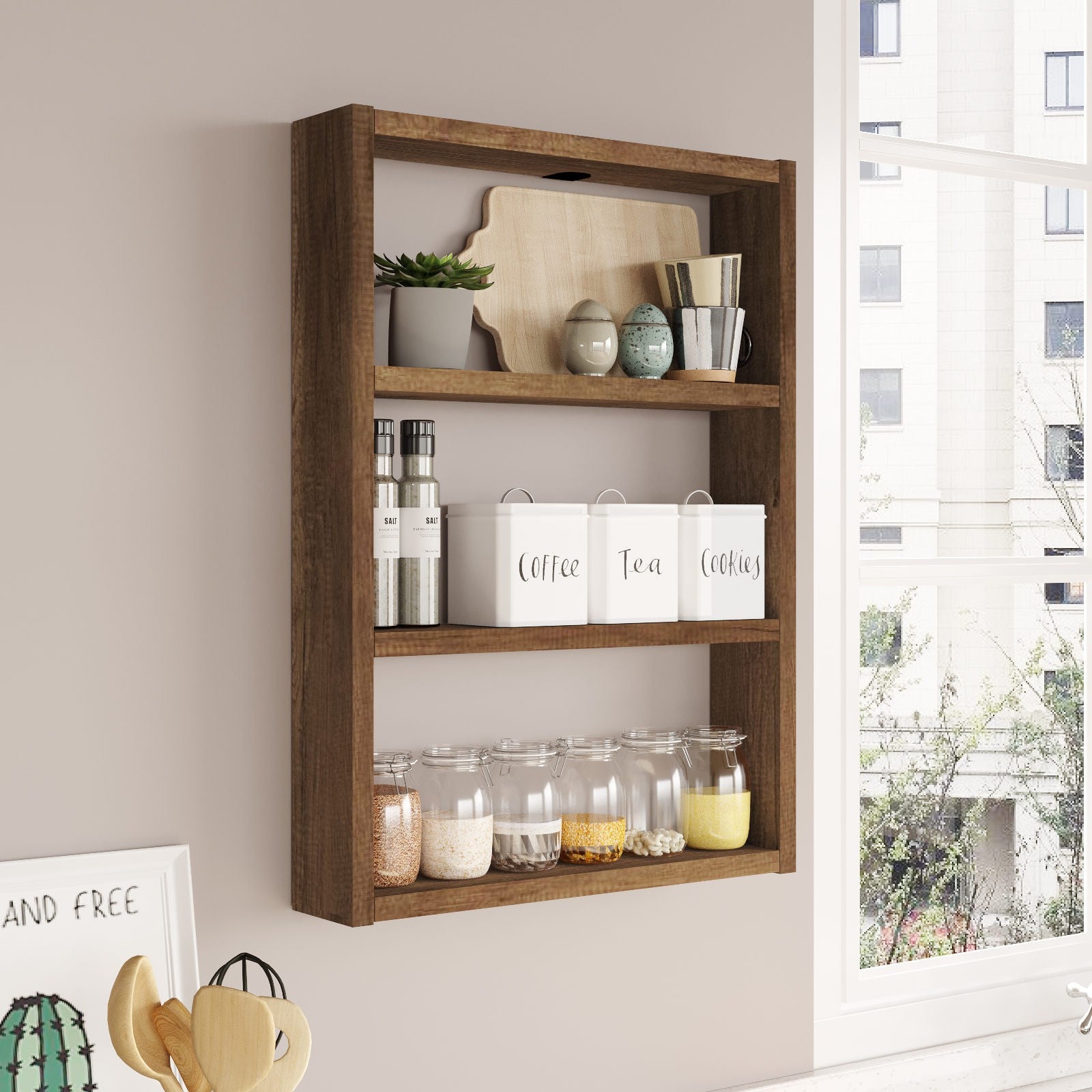 Prateleira de parede moderna em nogueira, 43,2 x 60 x 9 cm | Painel de partículas 100% revestido em melamina, 18 mm de espessura | Armazenamento elegante para decoração rústica e escandinava