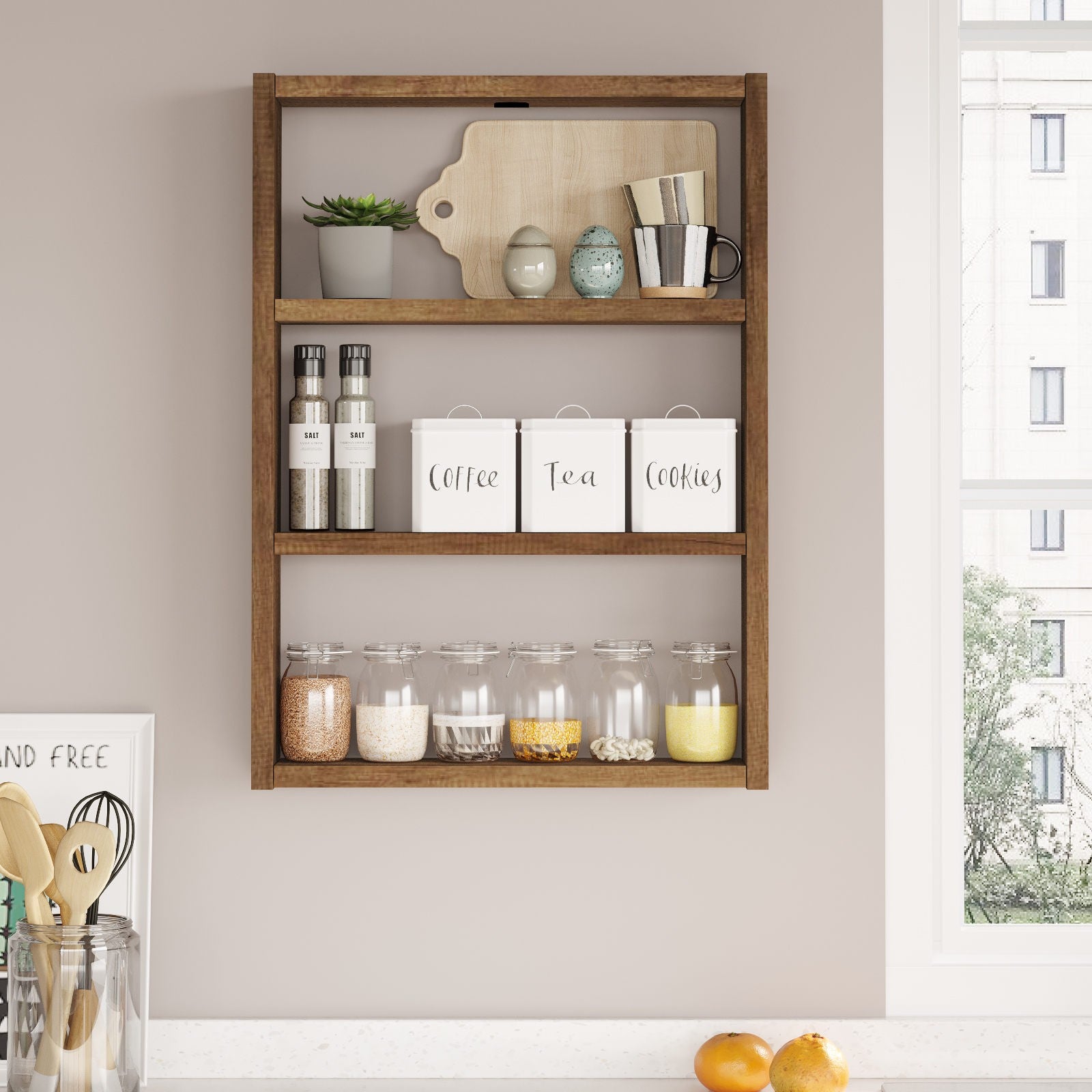 Prateleira de parede moderna em nogueira, 43,2 x 60 x 9 cm | Painel de partículas 100% revestido em melamina, 18 mm de espessura | Armazenamento elegante para decoração rústica e escandinava