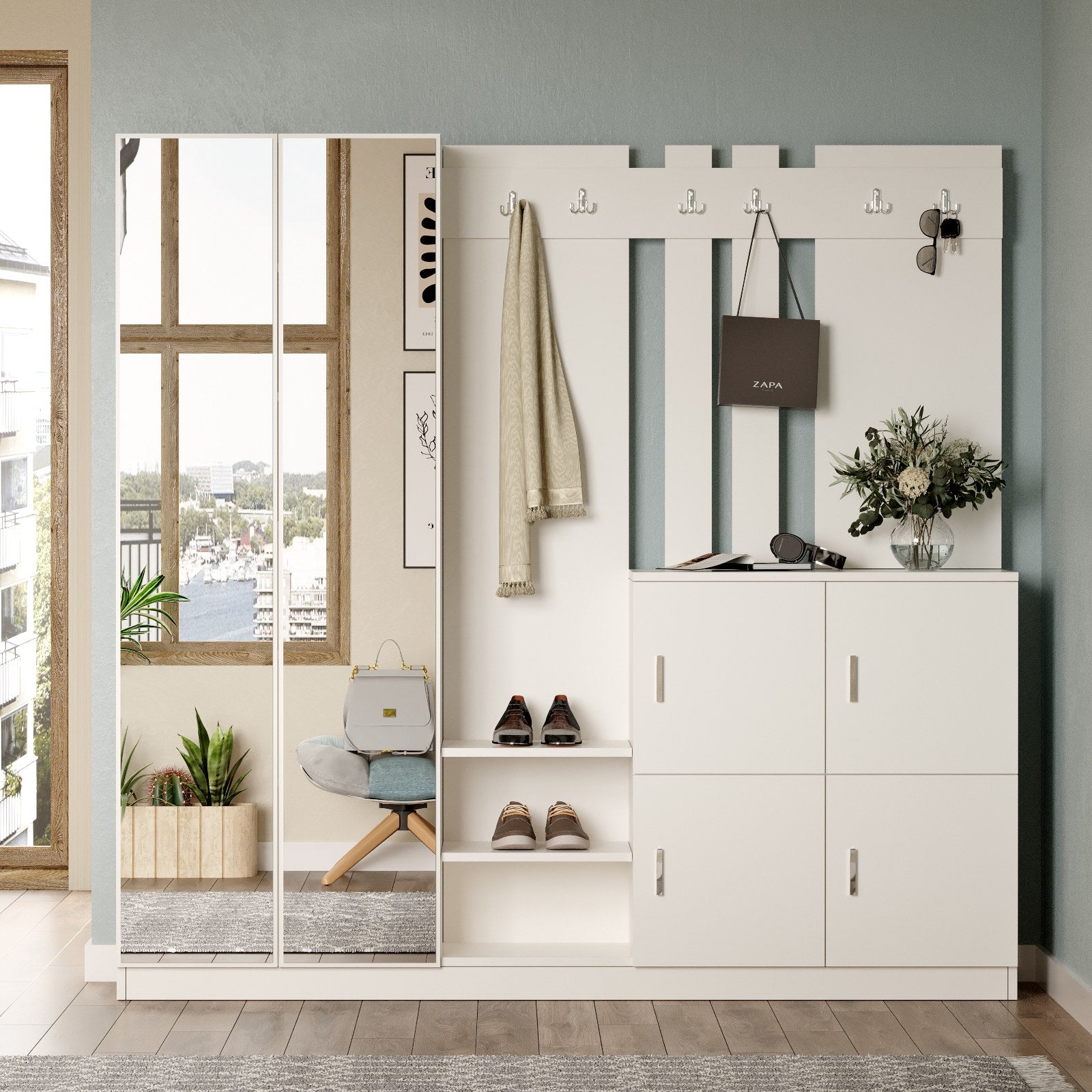 Conjunto para hall de entrada – 187,2 x 180 x 37,5 cm – Branco – Painel de Partículas revestido a Melamina