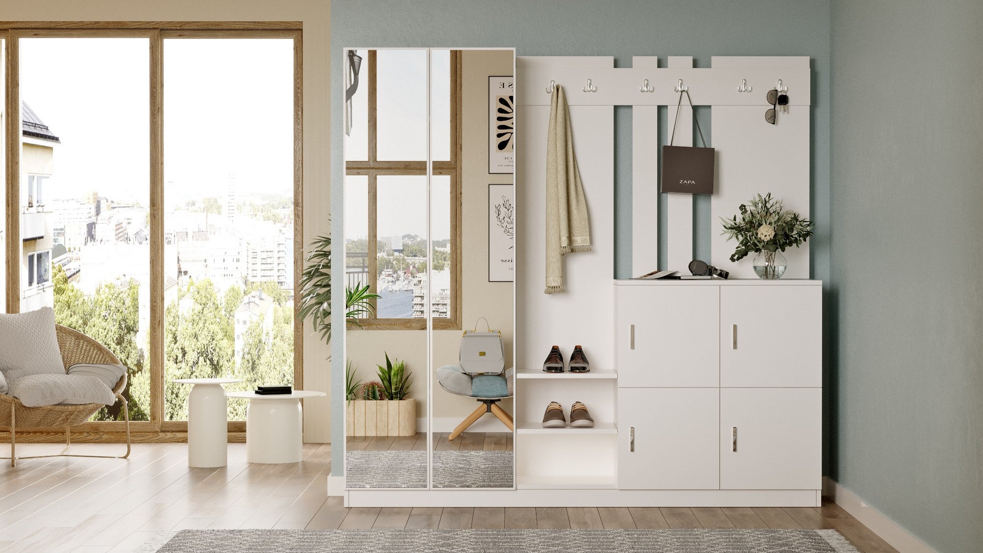 Conjunto para hall de entrada – 187,2 x 180 x 37,5 cm – Branco – Painel de Partículas revestido a Melamina