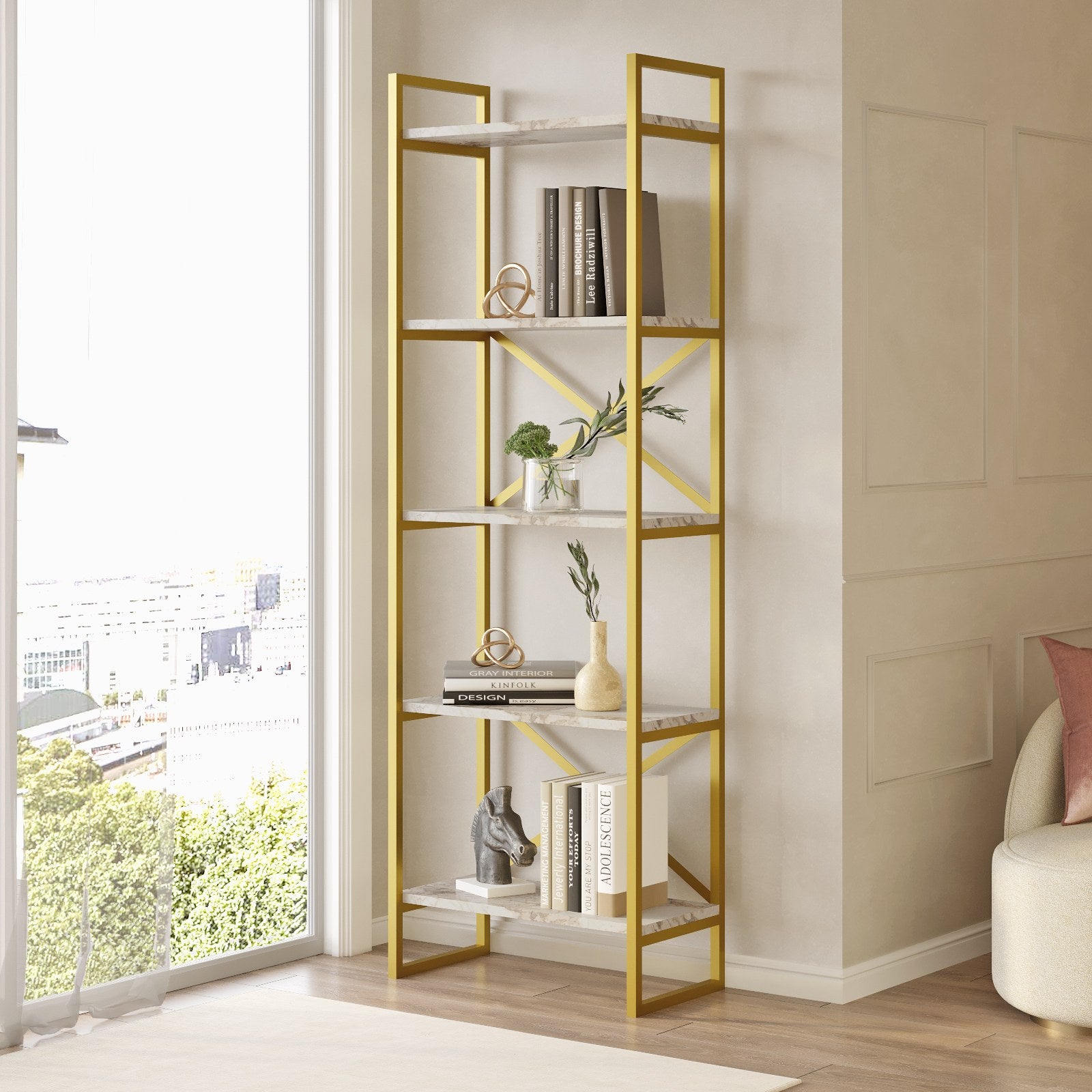 Estante de livros – 58 x 30 x 175 cm – Mármore e dourado – Aglomerado 100% revestido a melamina