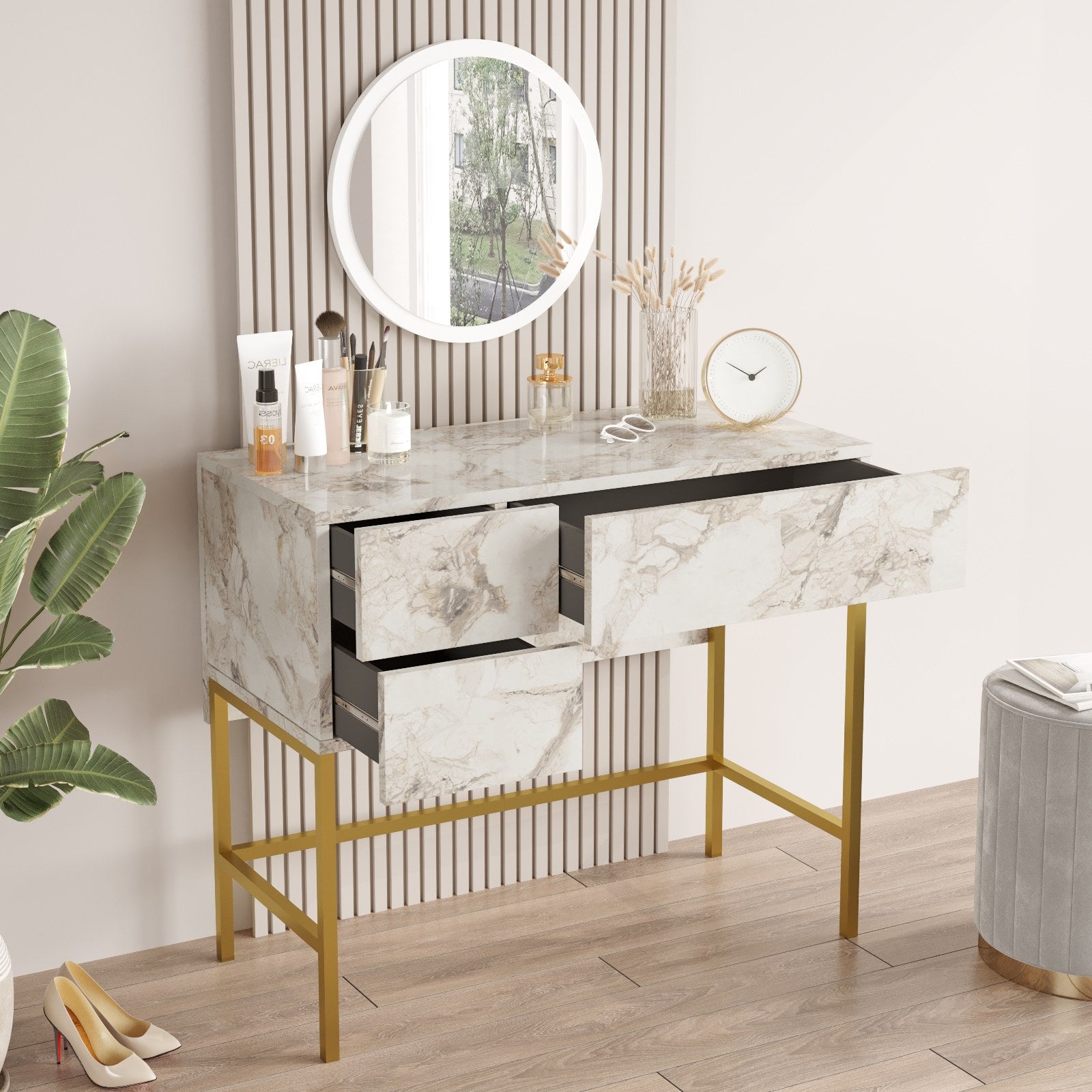 Mesa de Maquilhagem Branca e Dourada com Espelho - Design Elegante com Pernas Metálicas e Acabamento Melamínico Premium