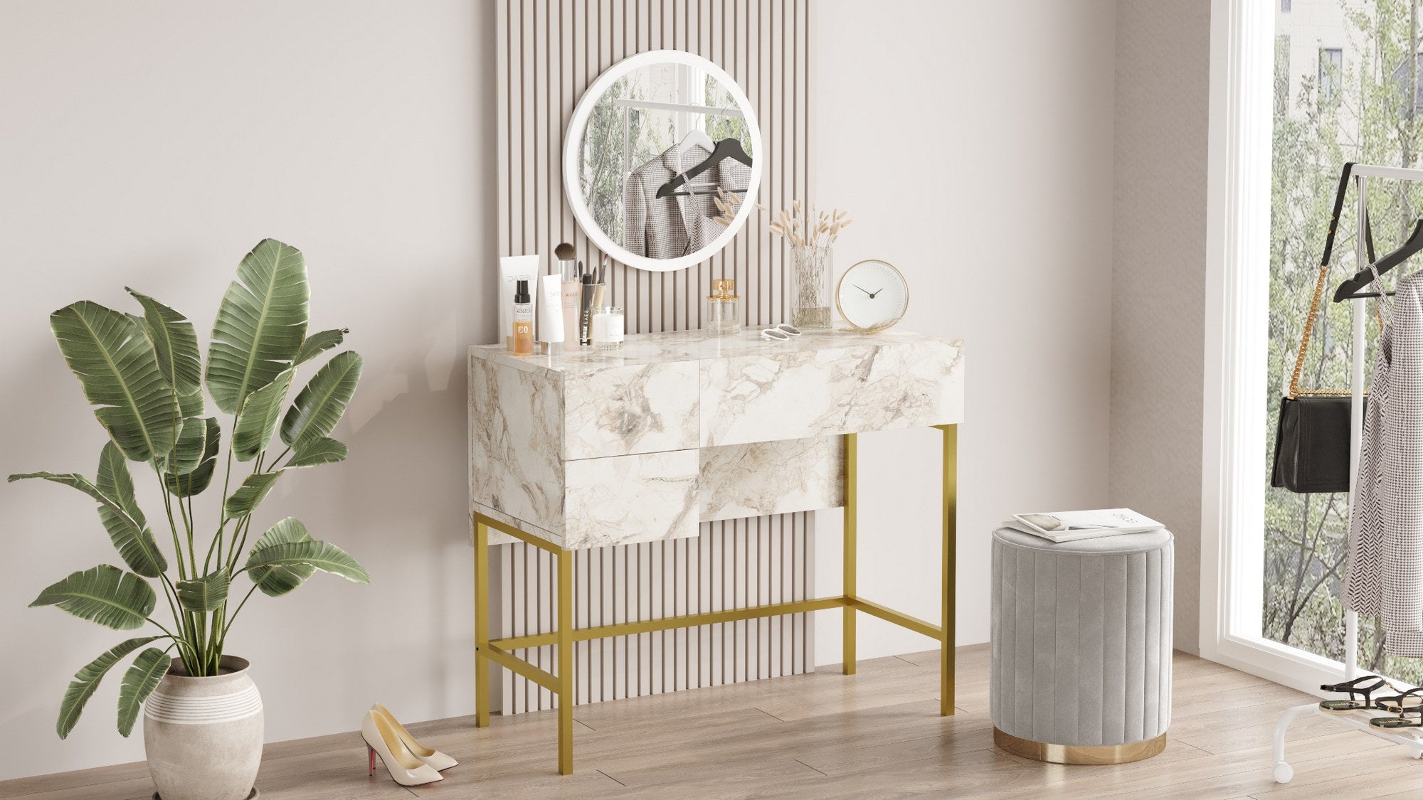 Mesa de Maquilhagem Branca e Dourada com Espelho - Design Elegante com Pernas Metálicas e Acabamento Melamínico Premium