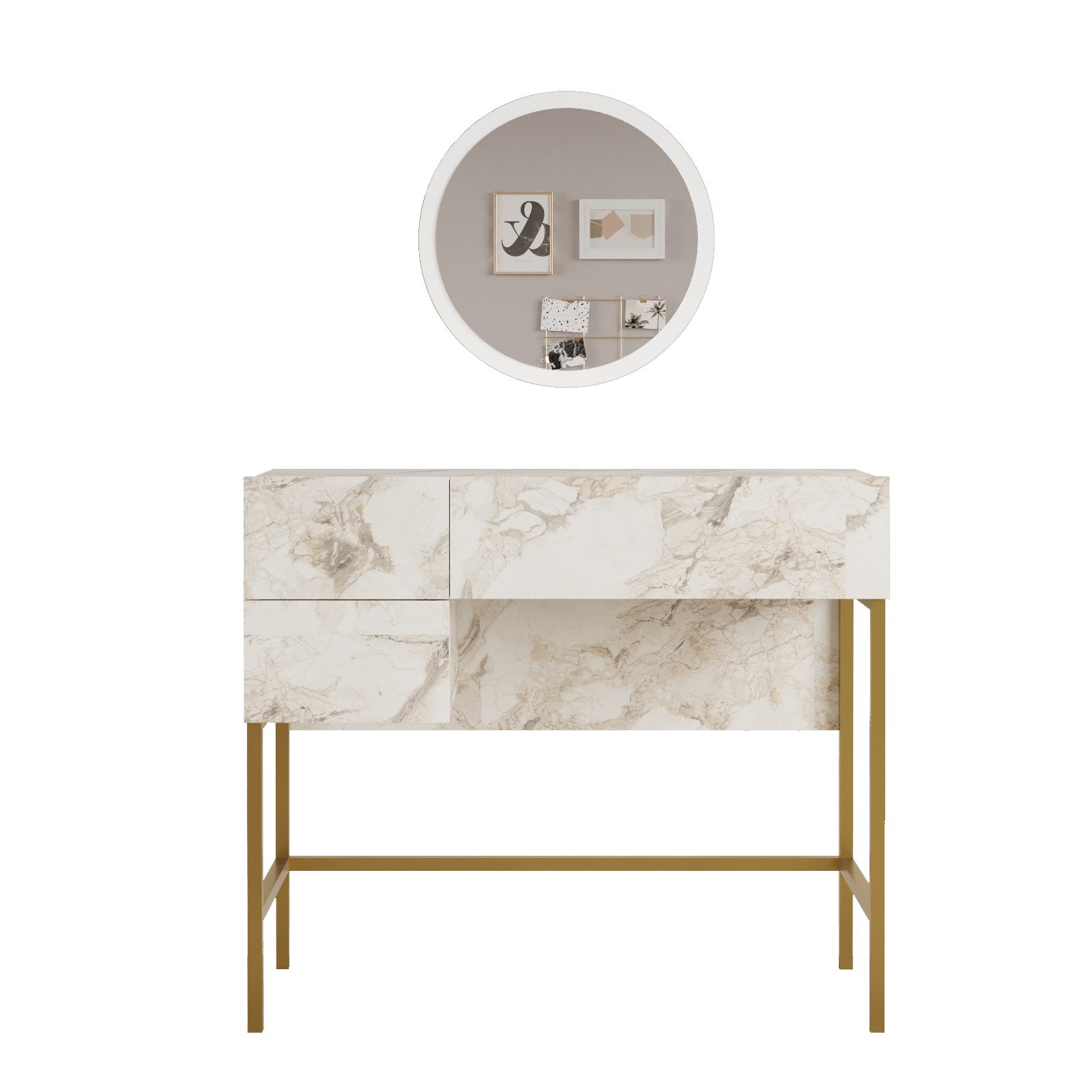 Mesa de Maquilhagem Branca e Dourada com Espelho - Design Elegante com Pernas Metálicas e Acabamento Melamínico Premium