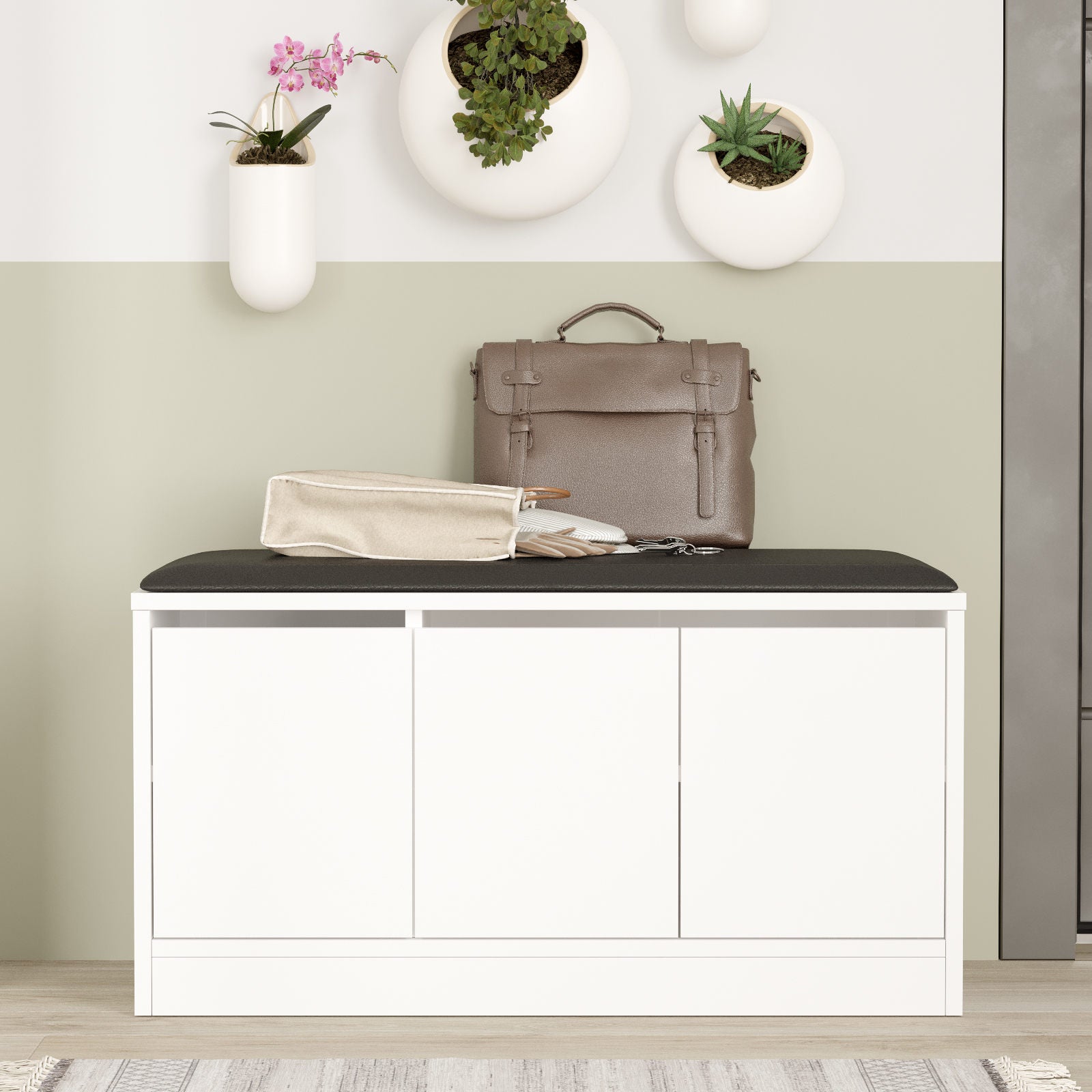 Sapateira moderna, branca, 89,6 x 45,8 x 35,5 cm | Painel de partículas 100% revestido em melamina e couro sintético | Solução de armazenamento elegante para qualquer entrada