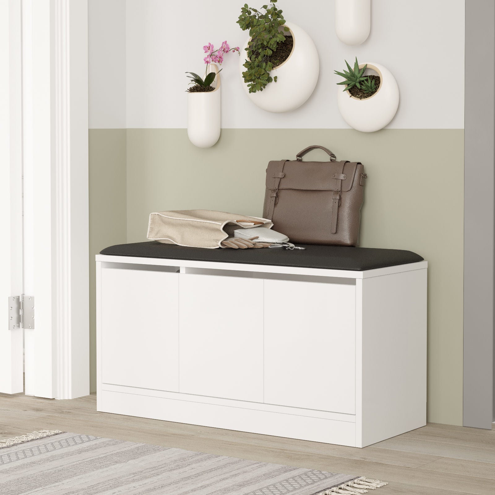 Sapateira moderna, branca, 89,6 x 45,8 x 35,5 cm | Painel de partículas 100% revestido em melamina e couro sintético | Solução de armazenamento elegante para qualquer entrada