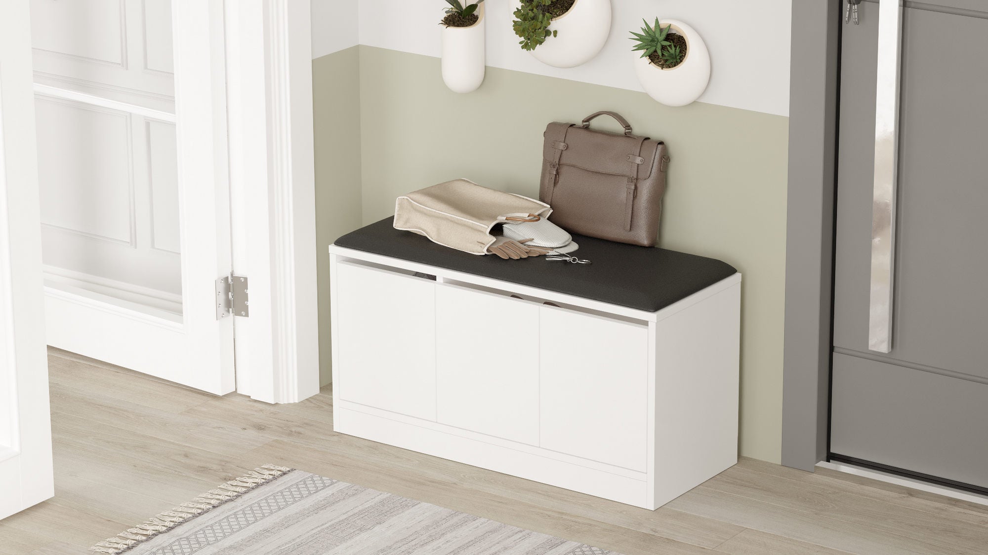 Sapateira moderna, branca, 89,6 x 45,8 x 35,5 cm | Painel de partículas 100% revestido em melamina e couro sintético | Solução de armazenamento elegante para qualquer entrada