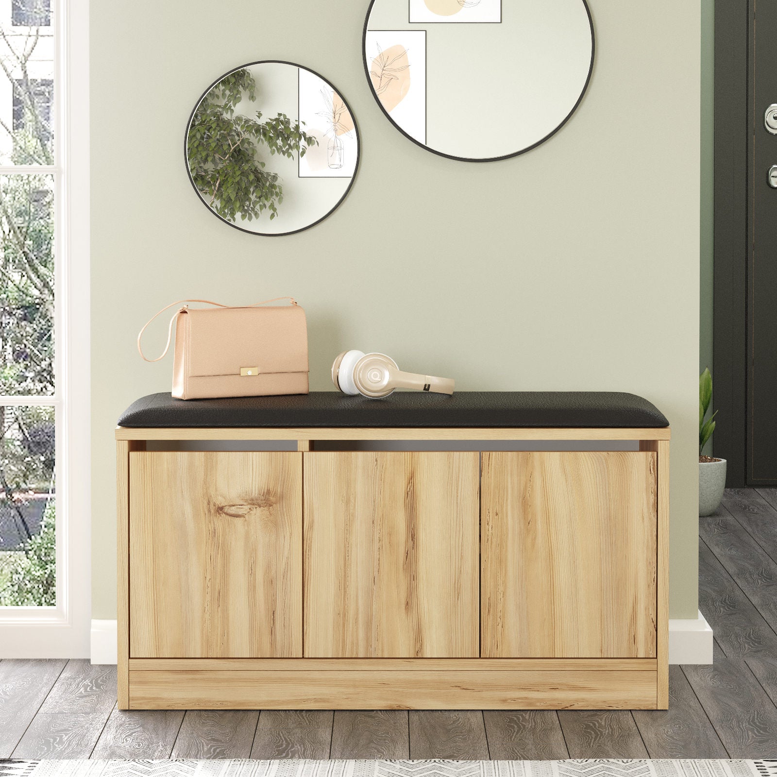 Sapateira moderna, cor carvalho, 89,6 x 45,8 x 35,5 cm | Painel de partículas 100% revestido em melamina e couro sintético | Solução de armazenamento elegante para qualquer entrada