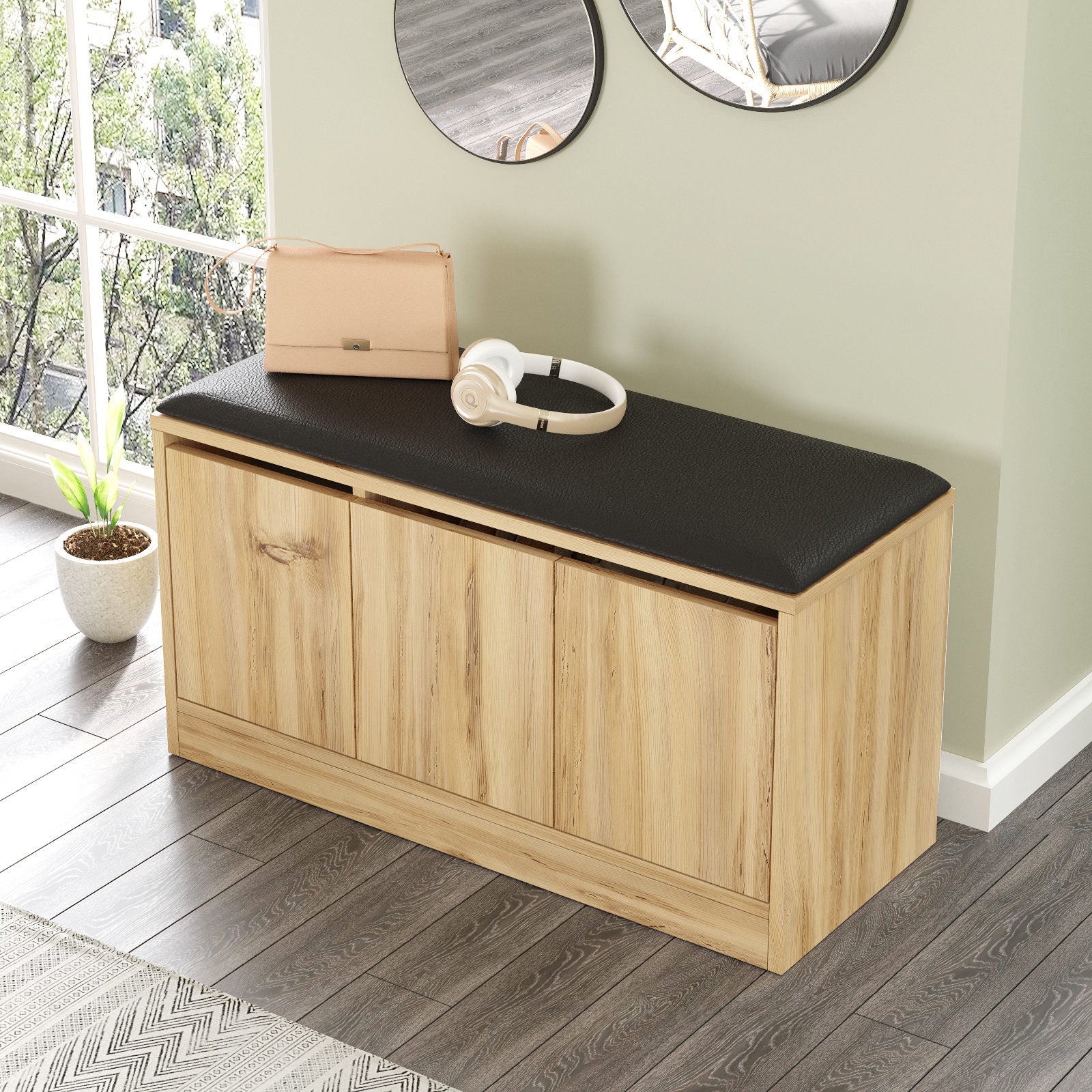 Sapateira moderna, cor carvalho, 89,6 x 45,8 x 35,5 cm | Painel de partículas 100% revestido em melamina e couro sintético | Solução de armazenamento elegante para qualquer entrada