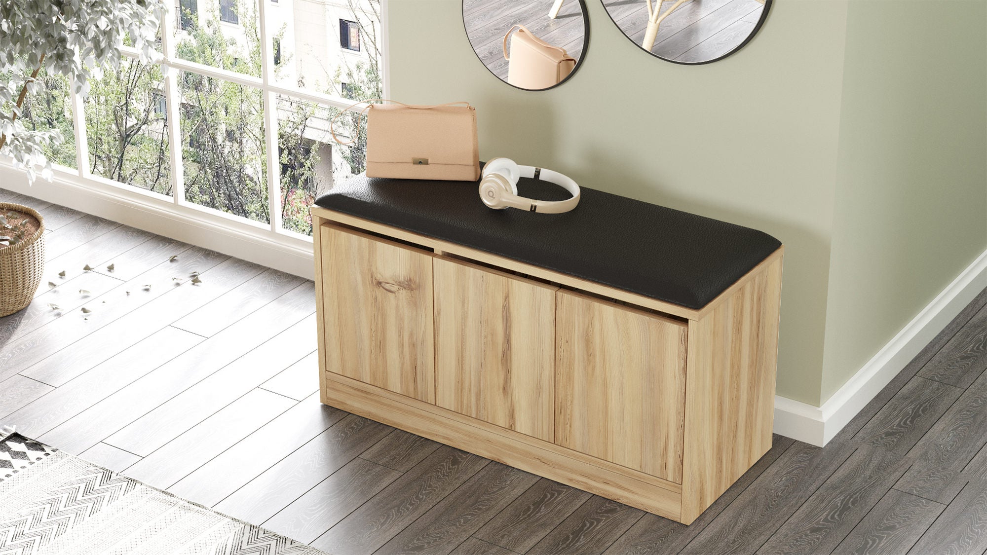 Sapateira moderna, cor carvalho, 89,6 x 45,8 x 35,5 cm | Painel de partículas 100% revestido em melamina e couro sintético | Solução de armazenamento elegante para qualquer entrada
