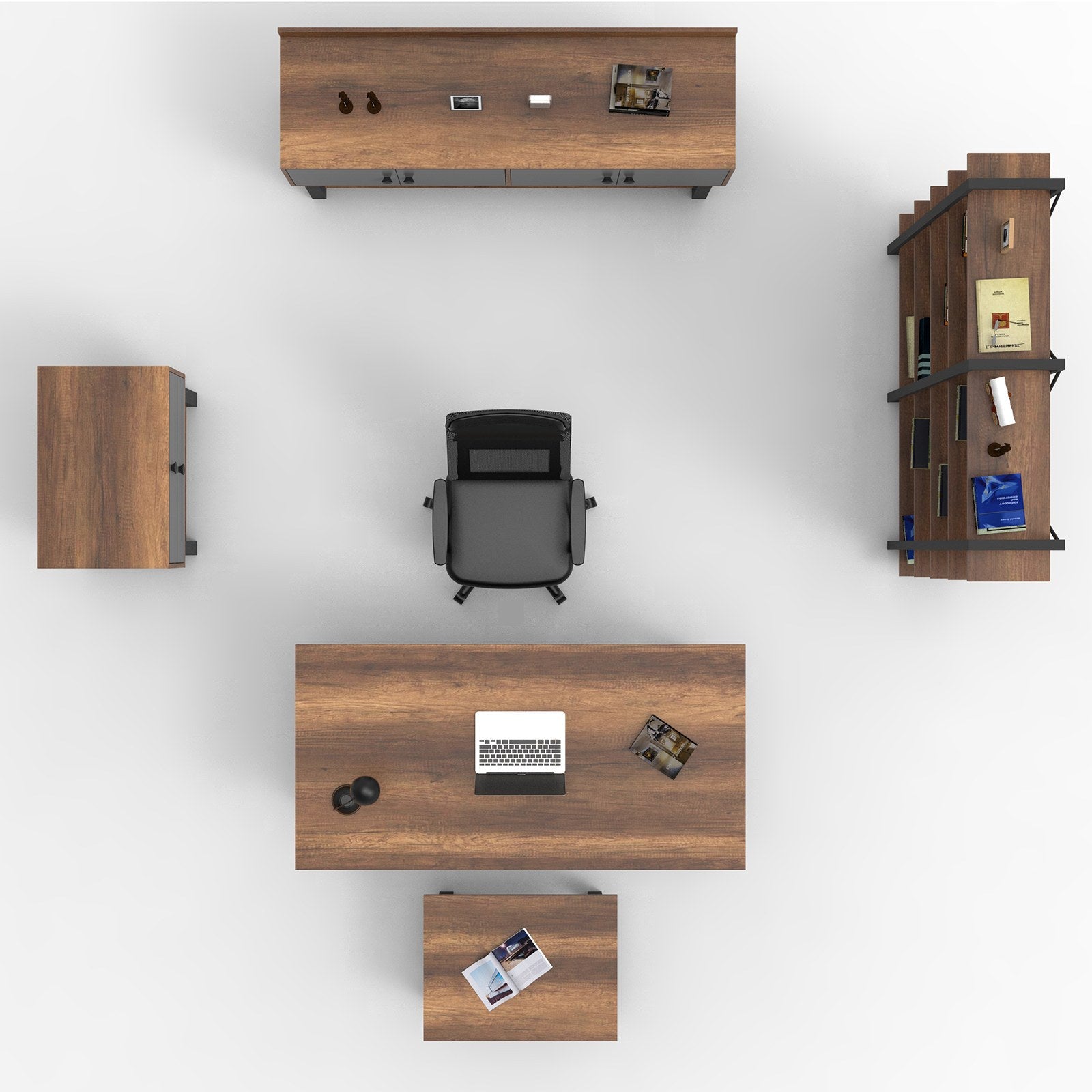 Conjunto de móveis de escritório elegantes, barrocos e antracite, 100% revestidos em melamina, inclui escrivaninha, mesa, gaveta, aparador e estante | Design moderno