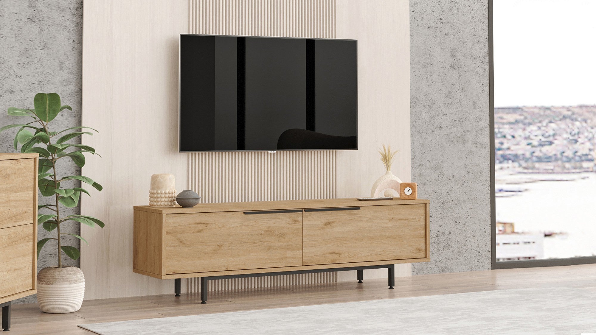 Suporte de TV elegante em nogueira, 160 cm x 45,1 cm x 35,5 cm | Painel de partículas 100% revestido em melamina, 18 mm de espessura | Pés de metal resistentes, perfeito para salas de estar modernas