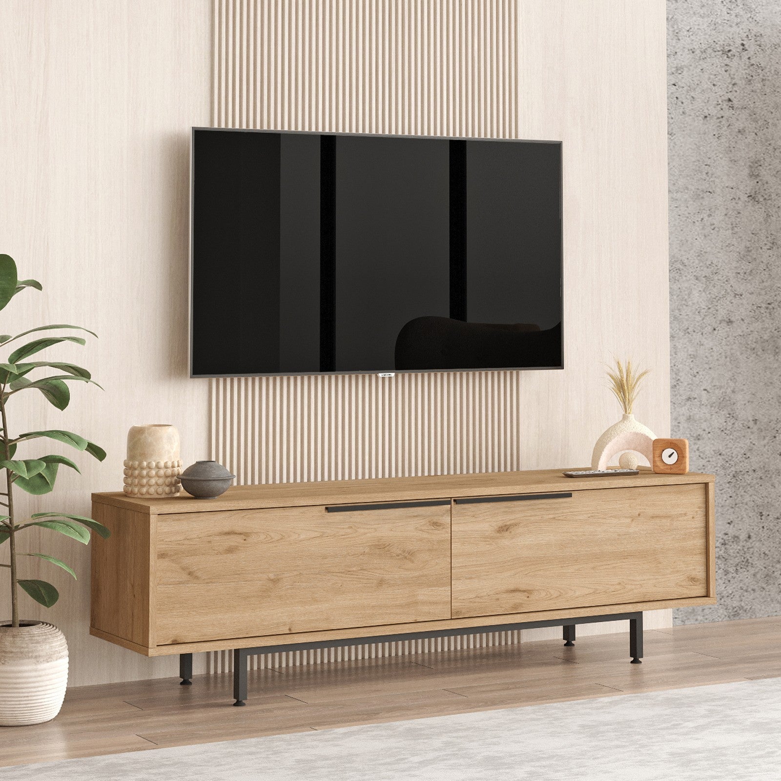 Suporte de TV elegante em nogueira, 160 cm x 45,1 cm x 35,5 cm | Painel de partículas 100% revestido em melamina, 18 mm de espessura | Pés de metal resistentes, perfeito para salas de estar modernas