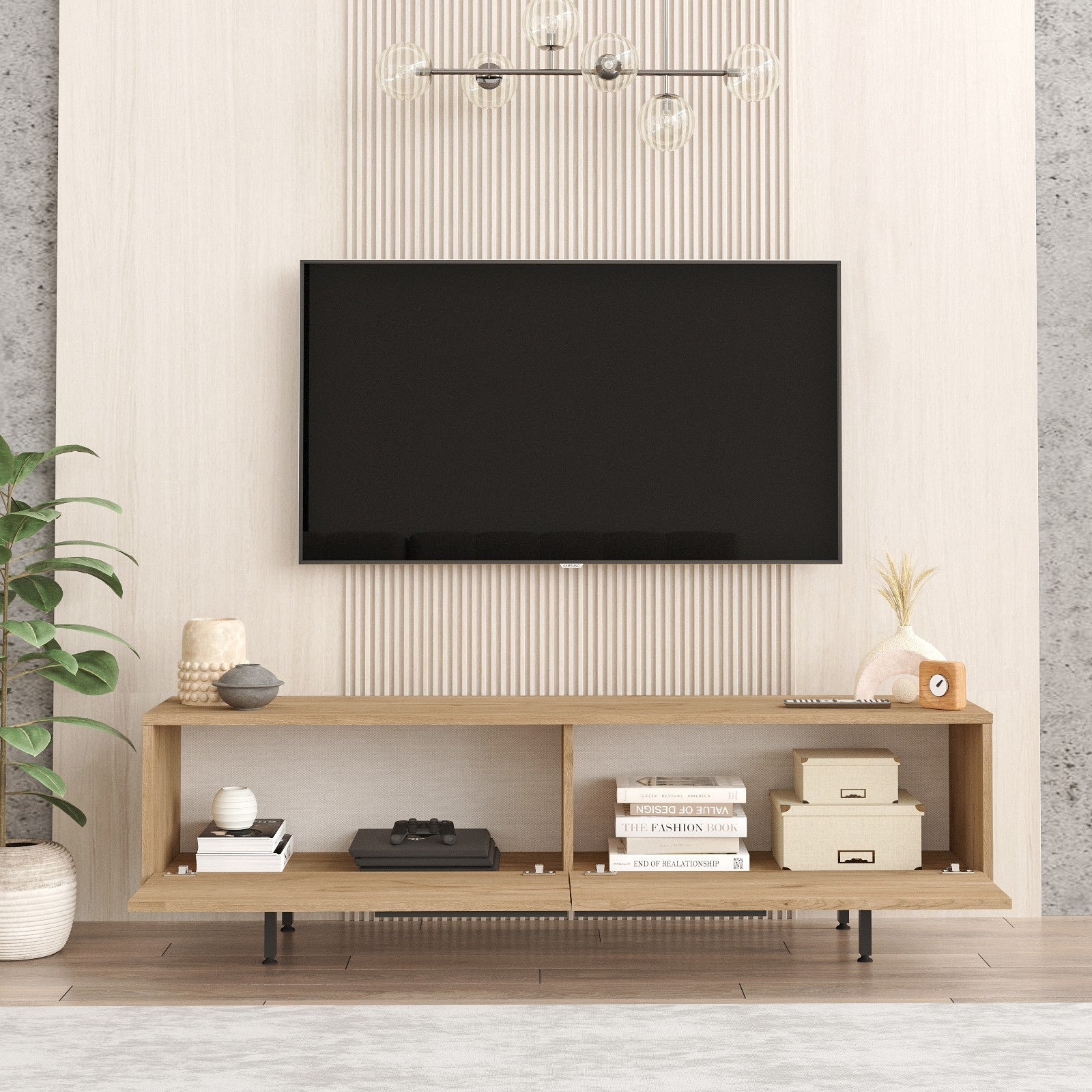 Suporte de TV elegante em nogueira, 160 cm x 45,1 cm x 35,5 cm | Painel de partículas 100% revestido em melamina, 18 mm de espessura | Pés de metal resistentes, perfeito para salas de estar modernas