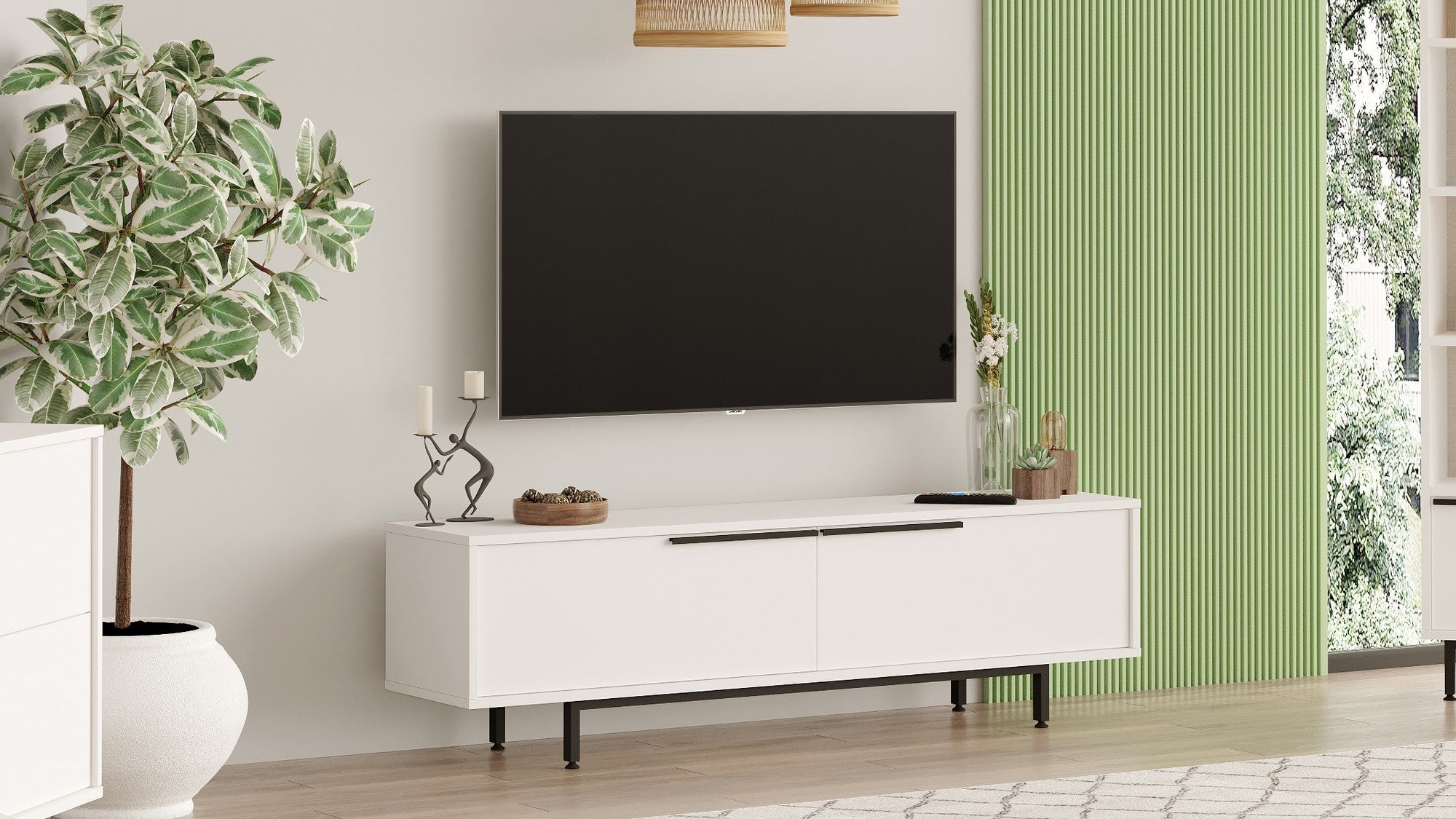 Suporte de TV elegante, branco, 160 cm | Painel de partículas 100% revestido em melamina, 18 mm de espessura | Pés de metal, design moderno para salas de estar e espaços de entretenimento