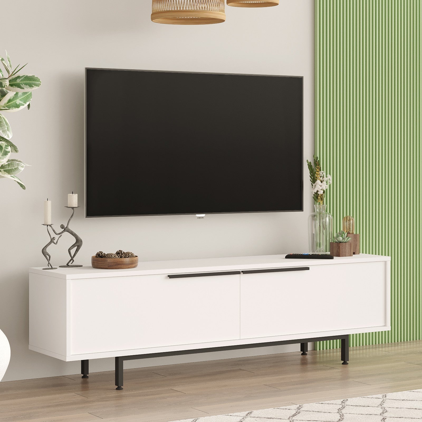 Suporte de TV elegante, branco, 160 cm | Painel de partículas 100% revestido em melamina, 18 mm de espessura | Pés de metal, design moderno para salas de estar e espaços de entretenimento
