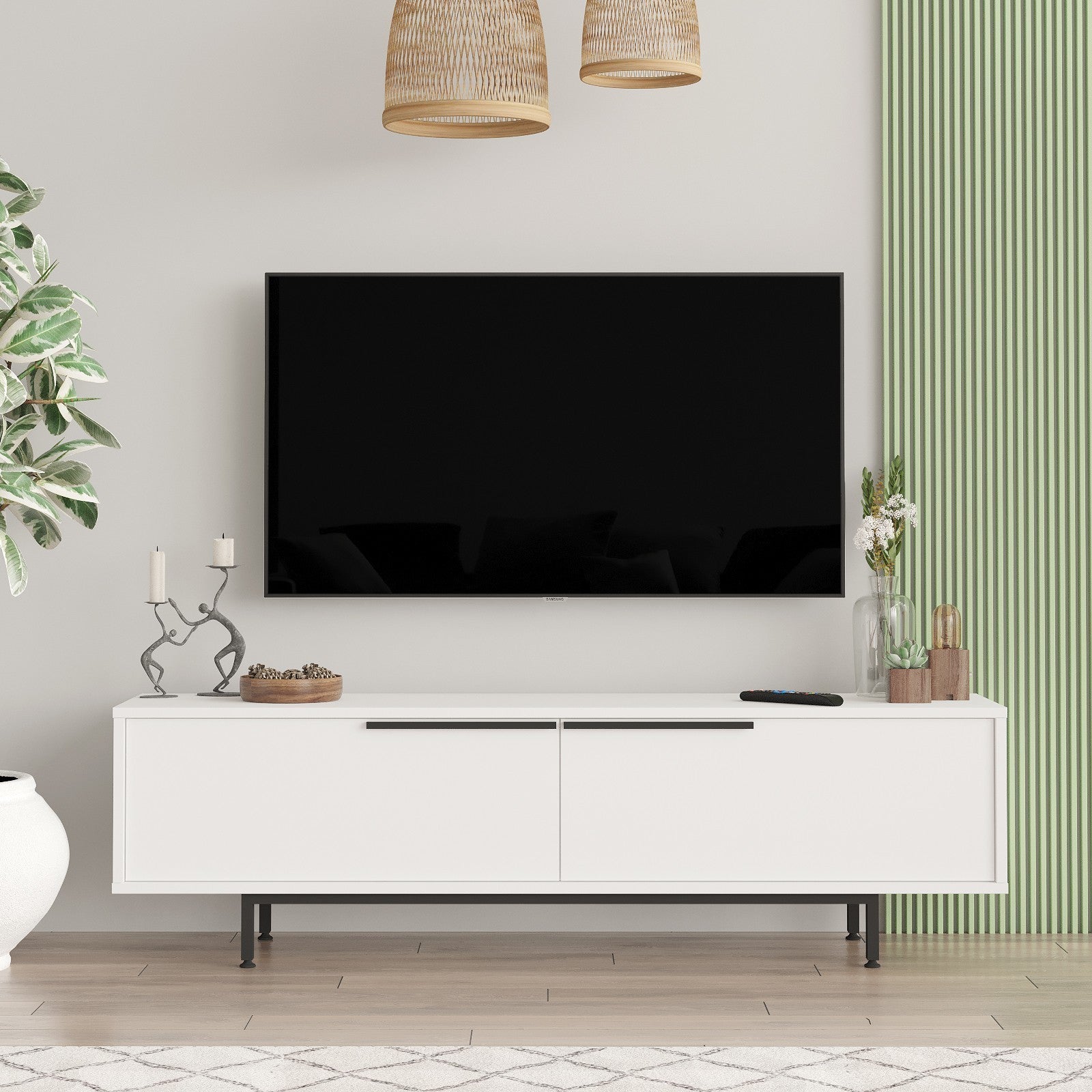 Suporte de TV elegante, branco, 160 cm | Painel de partículas 100% revestido em melamina, 18 mm de espessura | Pés de metal, design moderno para salas de estar e espaços de entretenimento