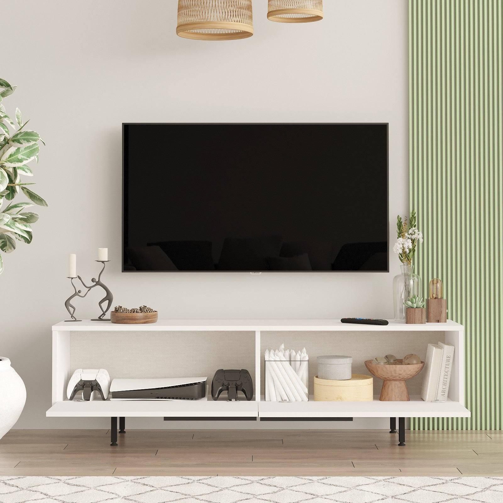 Suporte de TV elegante, branco, 160 cm | Painel de partículas 100% revestido em melamina, 18 mm de espessura | Pés de metal, design moderno para salas de estar e espaços de entretenimento