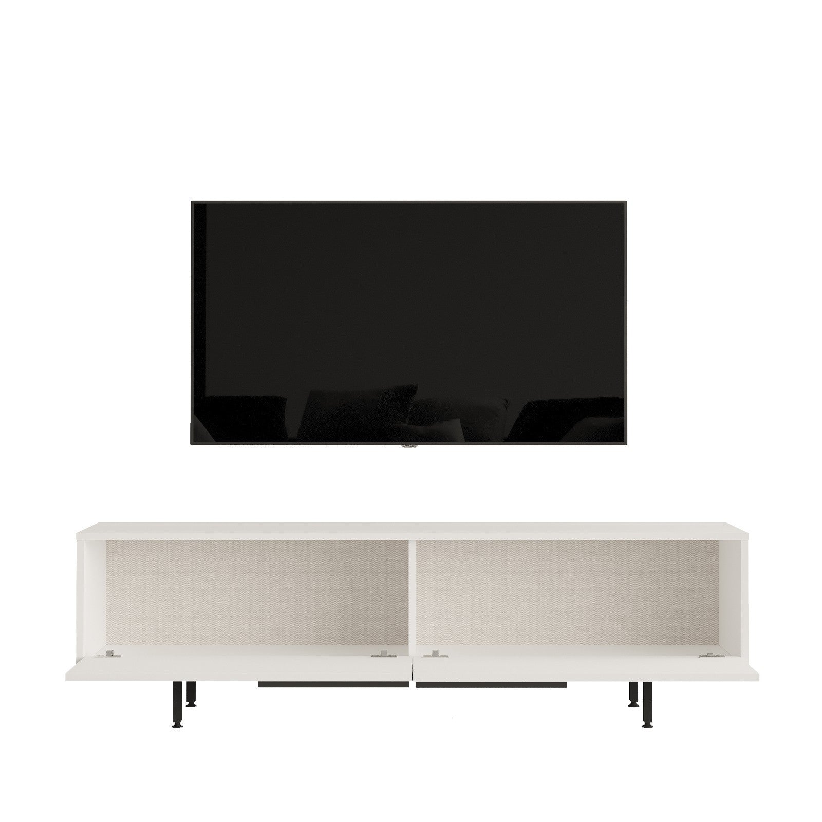 Suporte de TV elegante, branco, 160 cm | Painel de partículas 100% revestido em melamina, 18 mm de espessura | Pés de metal, design moderno para salas de estar e espaços de entretenimento