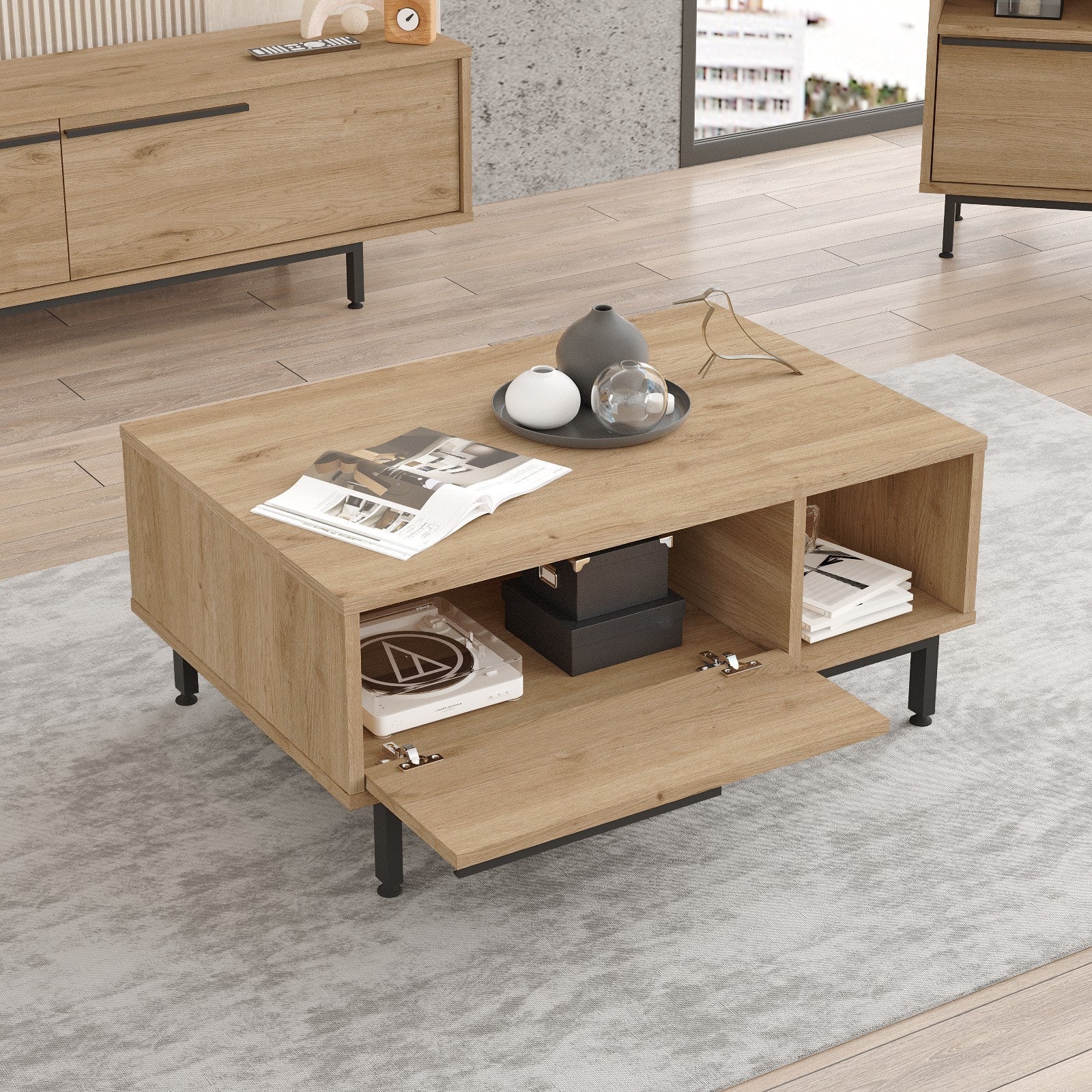 Mesa de centro elegante em nogueira, 90 x 60 x 37,6 cm | Painel de partículas 100% revestido em melamina, 18 mm de espessura | Pernas de metal resistentes, perfeita para espaços modernos
