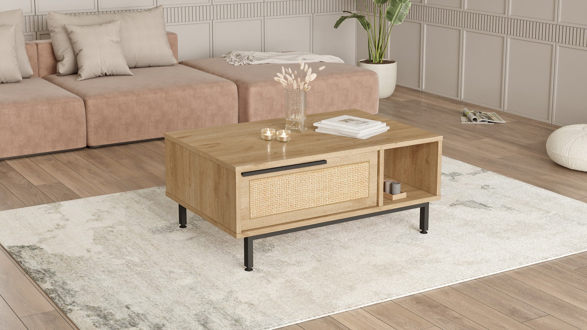 Mesa de centro elegante com pernas de metal, acabamento em nogueira e carvalho, 90 x 60 x 37,6 cm | Revestimento 100% melamina, 18 mm de espessura | Revestimento UV durável para espaços modernos
