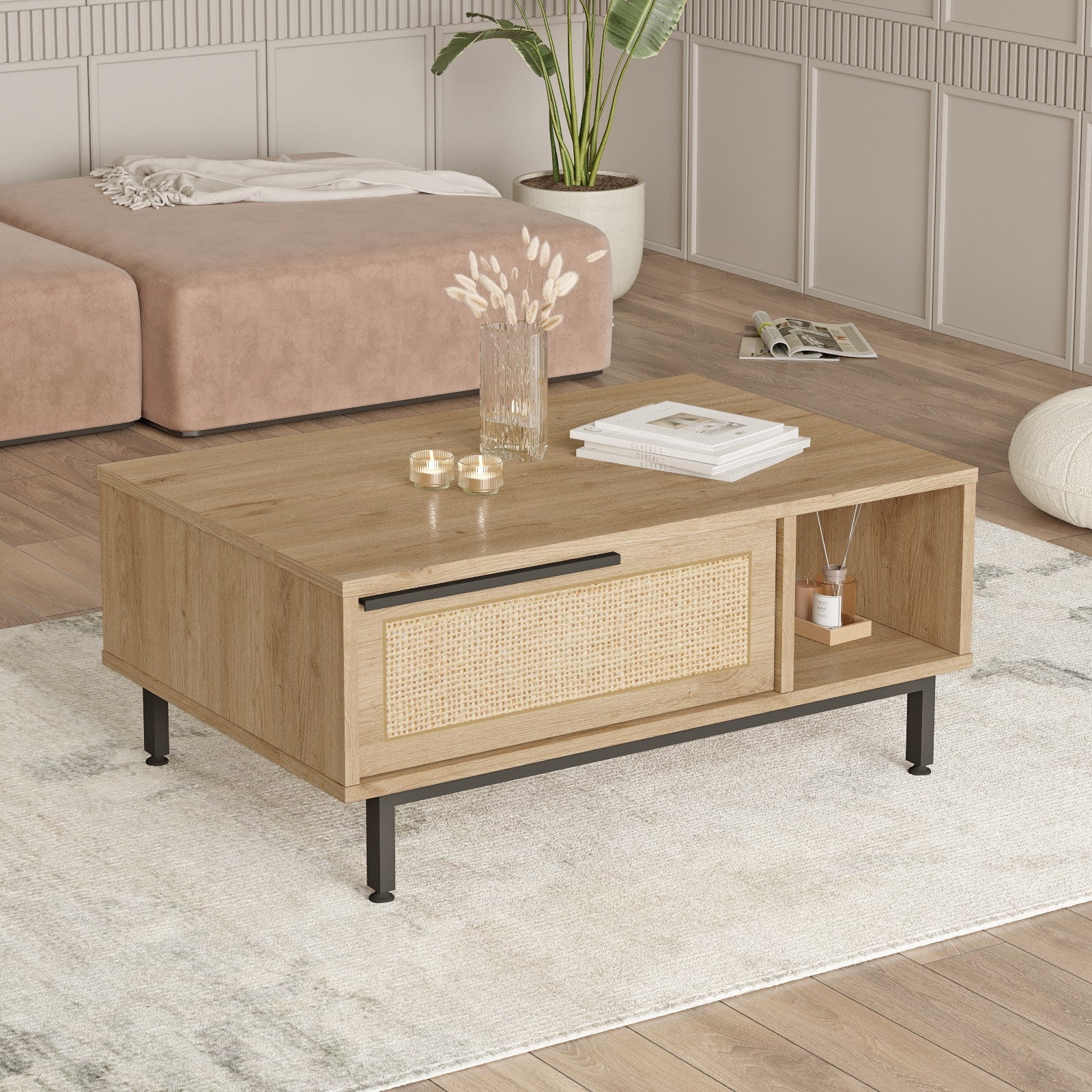 Mesa de centro elegante com pernas de metal, acabamento em nogueira e carvalho, 90 x 60 x 37,6 cm | Revestimento 100% melamina, 18 mm de espessura | Revestimento UV durável para espaços modernos
