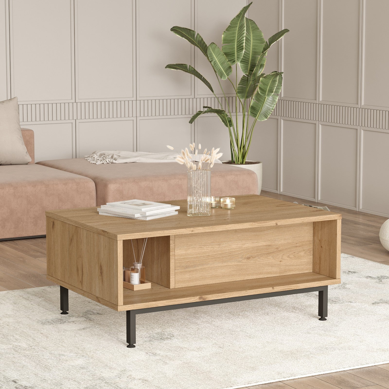 Mesa de centro elegante com pernas de metal, acabamento em nogueira e carvalho, 90 x 60 x 37,6 cm | Revestimento 100% melamina, 18 mm de espessura | Revestimento UV durável para espaços modernos