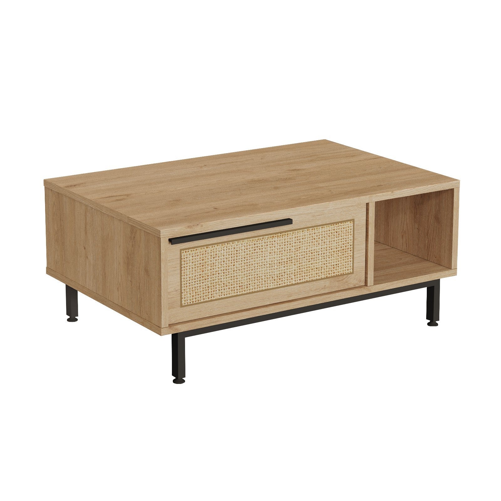 Mesa de centro elegante com pernas de metal, acabamento em nogueira e carvalho, 90 x 60 x 37,6 cm | Revestimento 100% melamina, 18 mm de espessura | Revestimento UV durável para espaços modernos