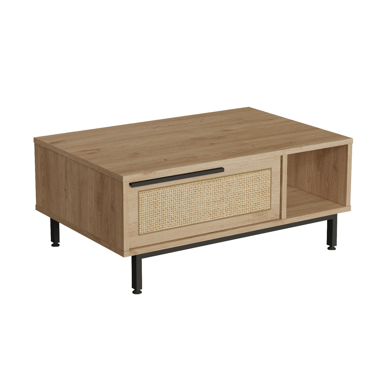 Mesa de centro elegante com pernas de metal, acabamento em nogueira e carvalho, 90 x 60 x 37,6 cm | Revestimento 100% melamina, 18 mm de espessura | Revestimento UV durável para espaços modernos