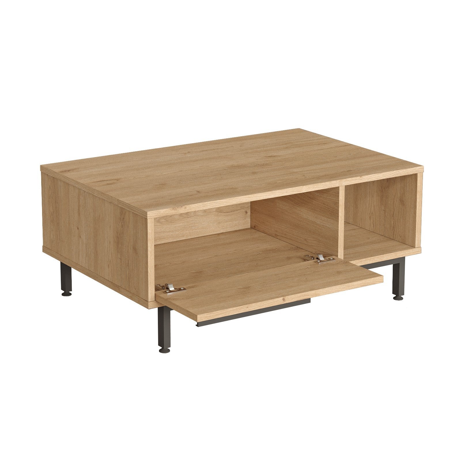 Mesa de centro elegante com pernas de metal, acabamento em nogueira e carvalho, 90 x 60 x 37,6 cm | Revestimento 100% melamina, 18 mm de espessura | Revestimento UV durável para espaços modernos