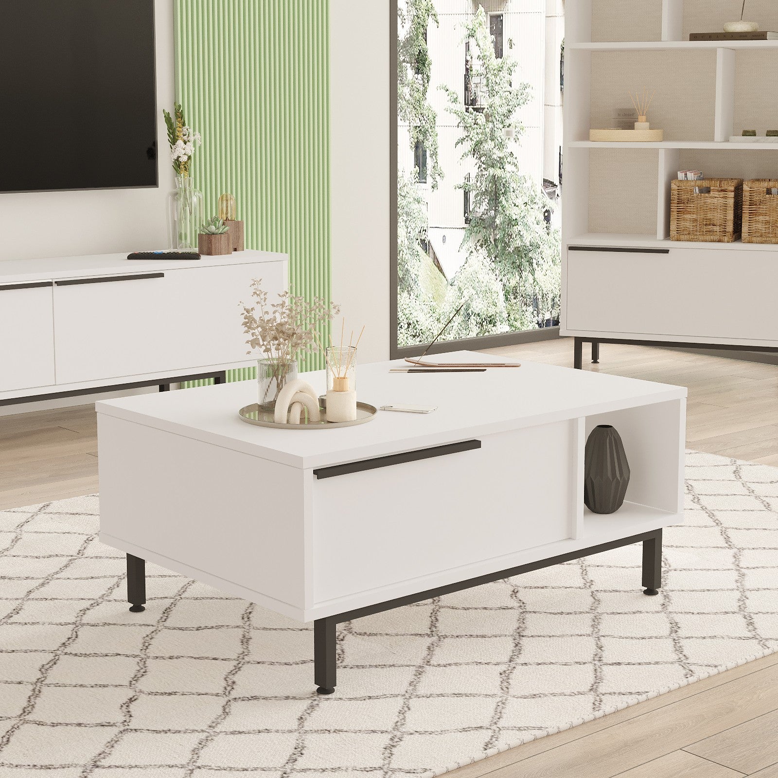 Mesa de Centro Branca Moderna, 90 x 60 x 37,6 cm | Painel de Partículas 100% Revestido em Melamina, 18 mm de Espessura | Pernas de Metal Resistente, Design Elegante e Funcional